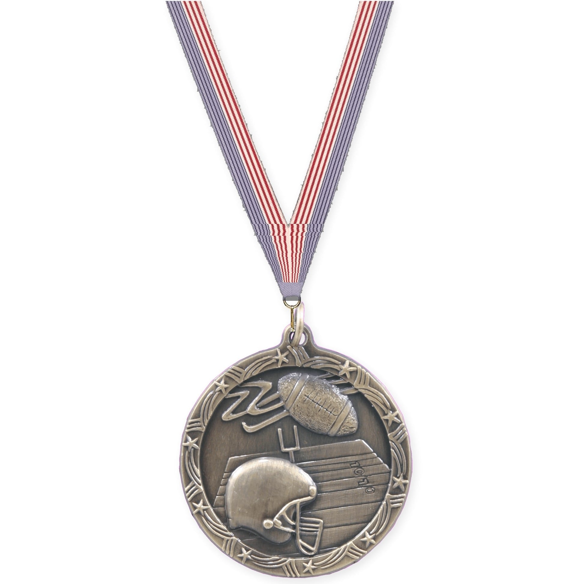 2 1/2 inch football Shooting Star medal in antique gold with USA Flag neck ribbon