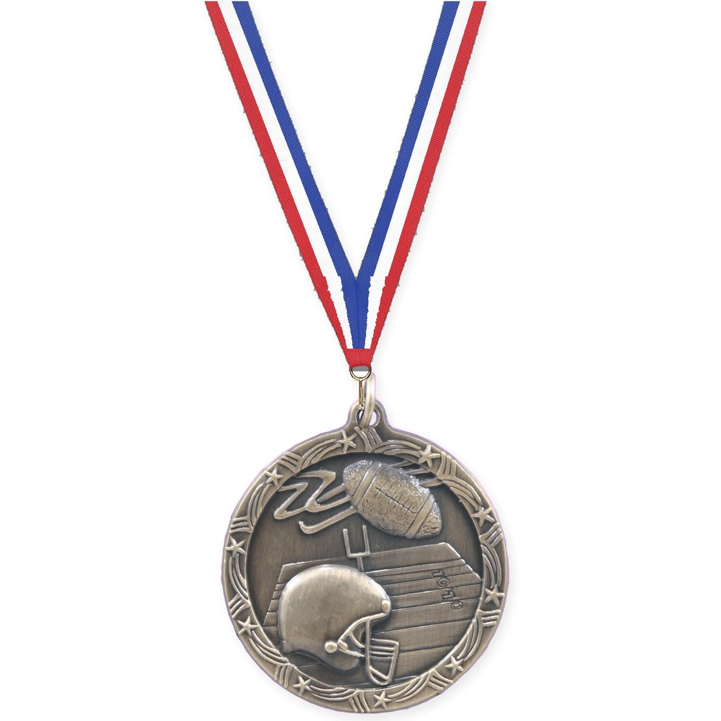 2 1/2 inch football Shooting Star medal in antique gold with Red White Blue neck ribbon