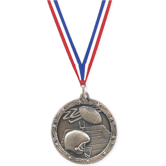 1 3/4 inch football Shooting Star medal in antique gold with Red White Blue neck ribbon