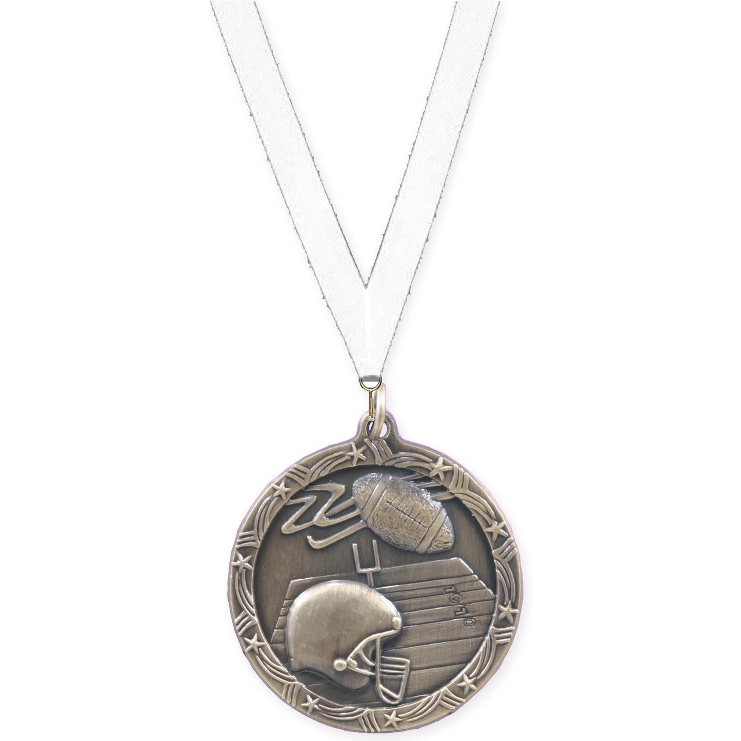 2 1/2 inch football Shooting Star medal in antique gold with White neck ribbon