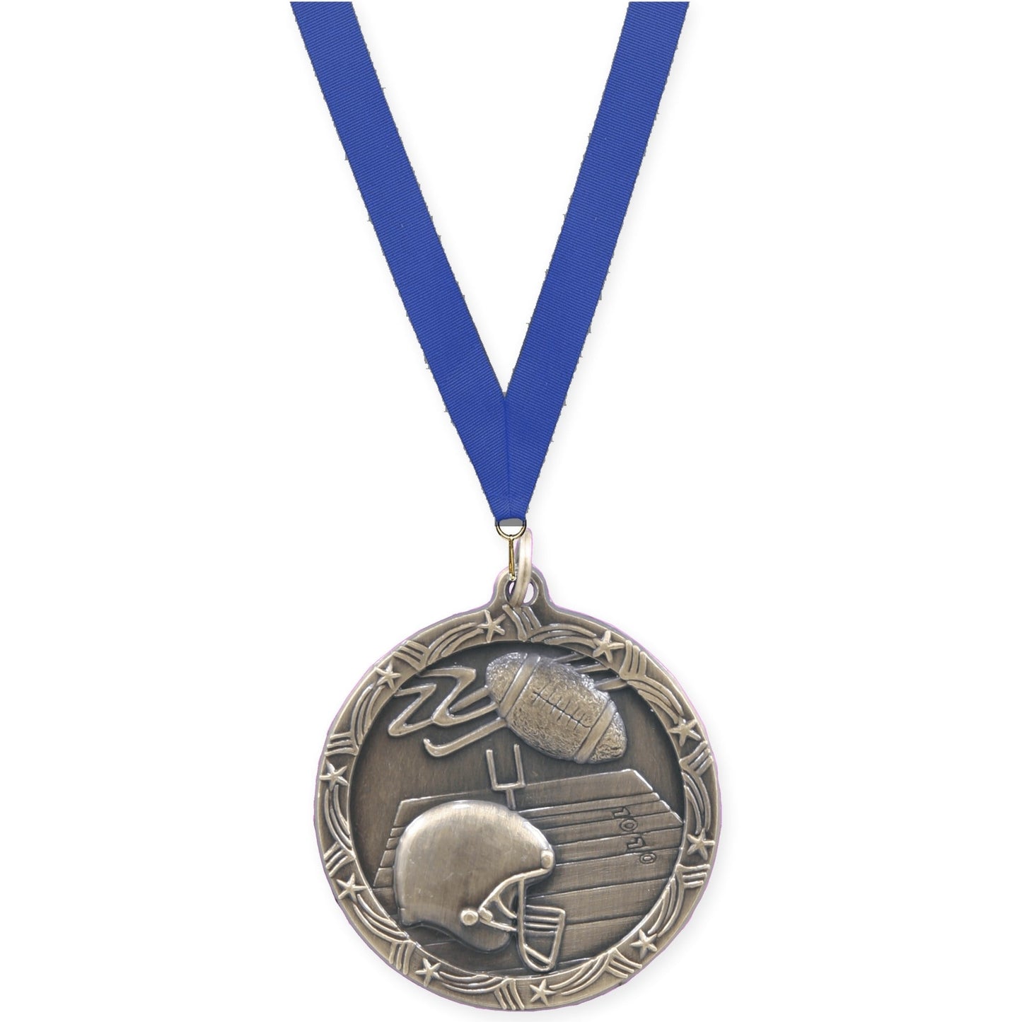 1 3/4 inch football Shooting Star medal in antique gold with Blue neck ribbon