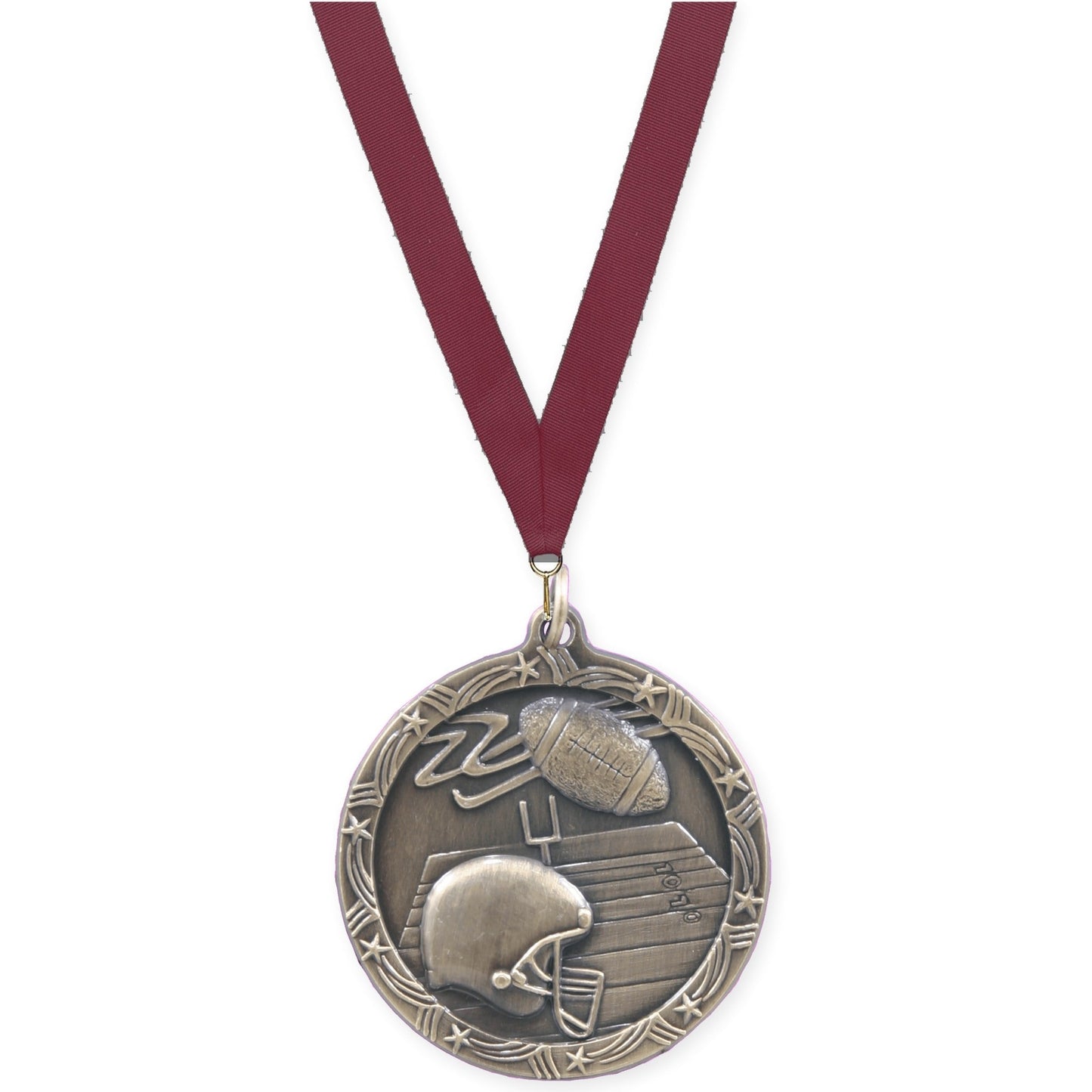 1 3/4 inch football Shooting Star medal in antique gold with Maroon neck ribbon