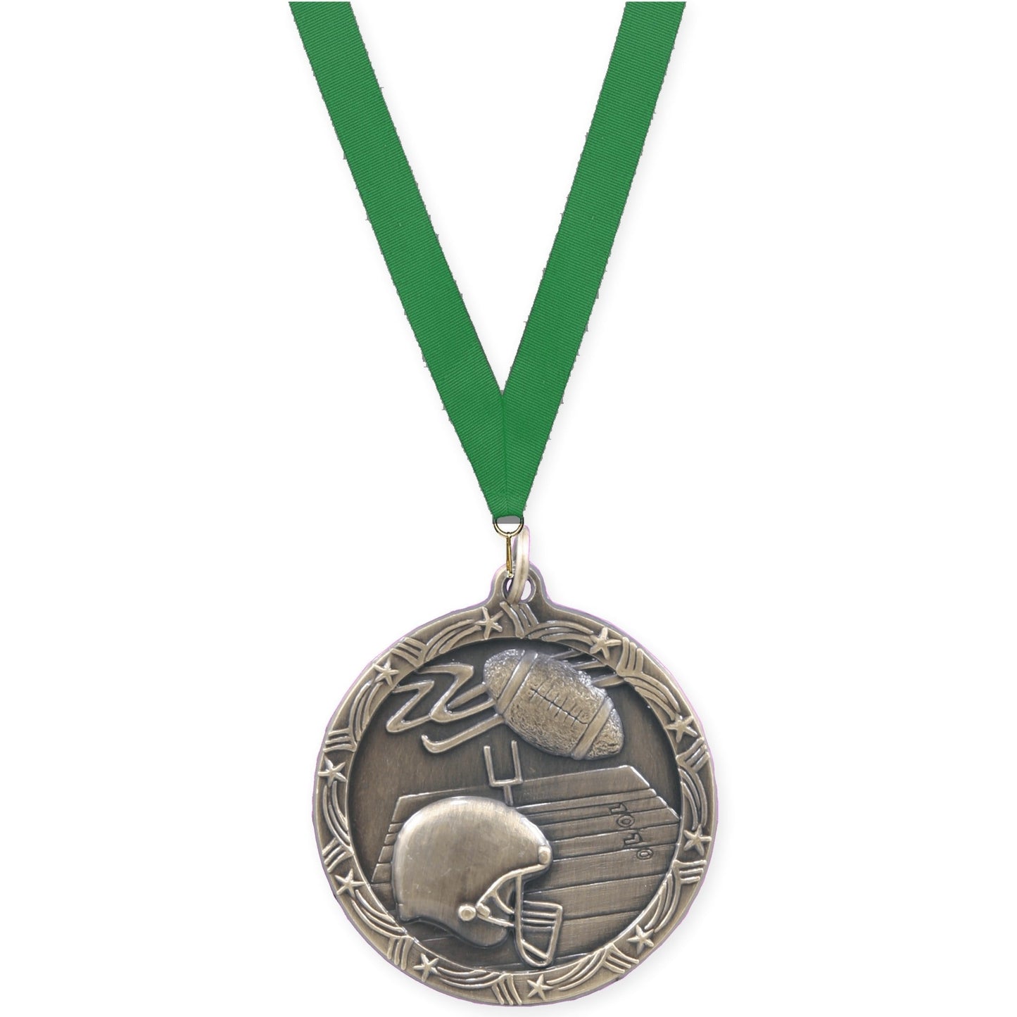 1 3/4 inch football Shooting Star medal in antique gold with Green neck ribbon