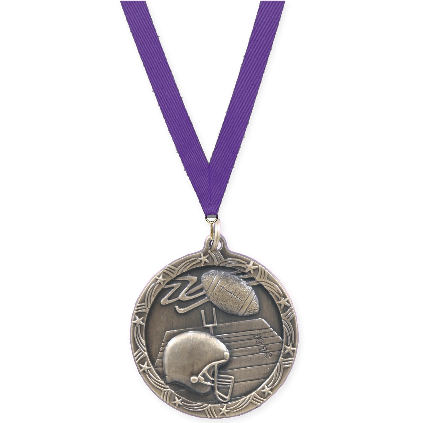 1 3/4 inch football Shooting Star medal in antique gold with Purple neck ribbon