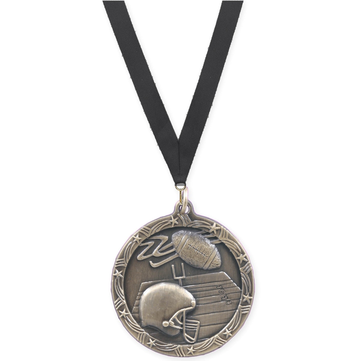 1 3/4 inch football Shooting Star medal in antique gold with Black neck ribbon