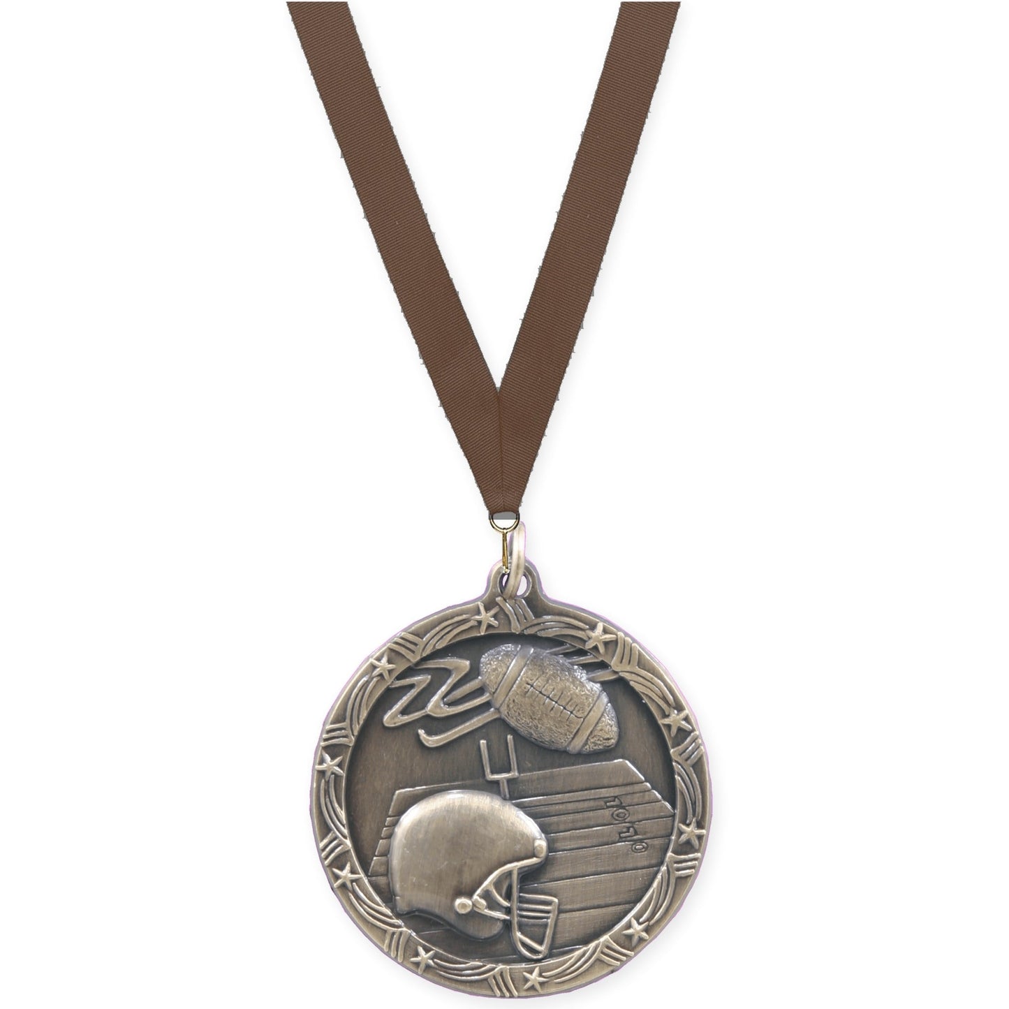 2 1/2 inch football Shooting Star medal in antique gold with Brown neck ribbon
