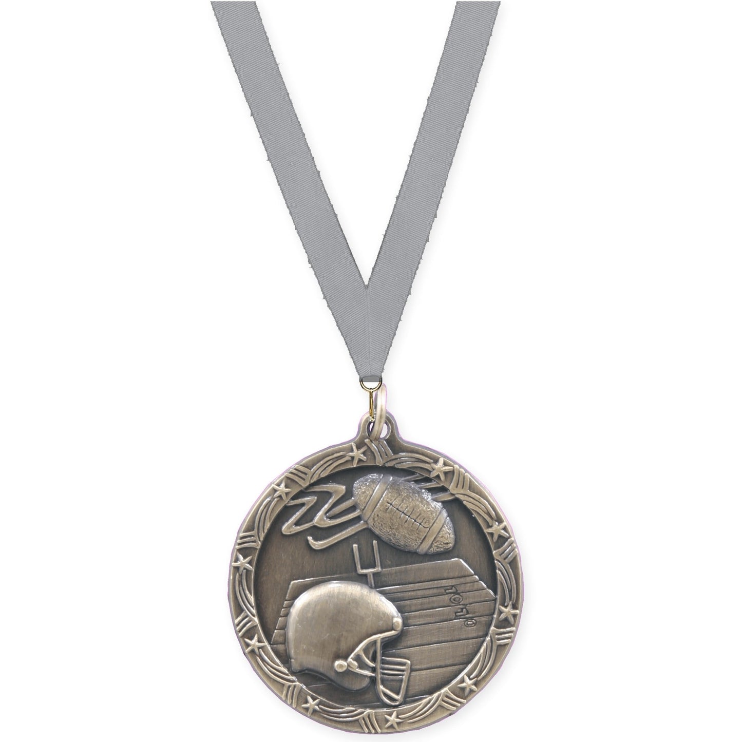 2 1/2 inch football Shooting Star medal in antique gold with Gray neck ribbon