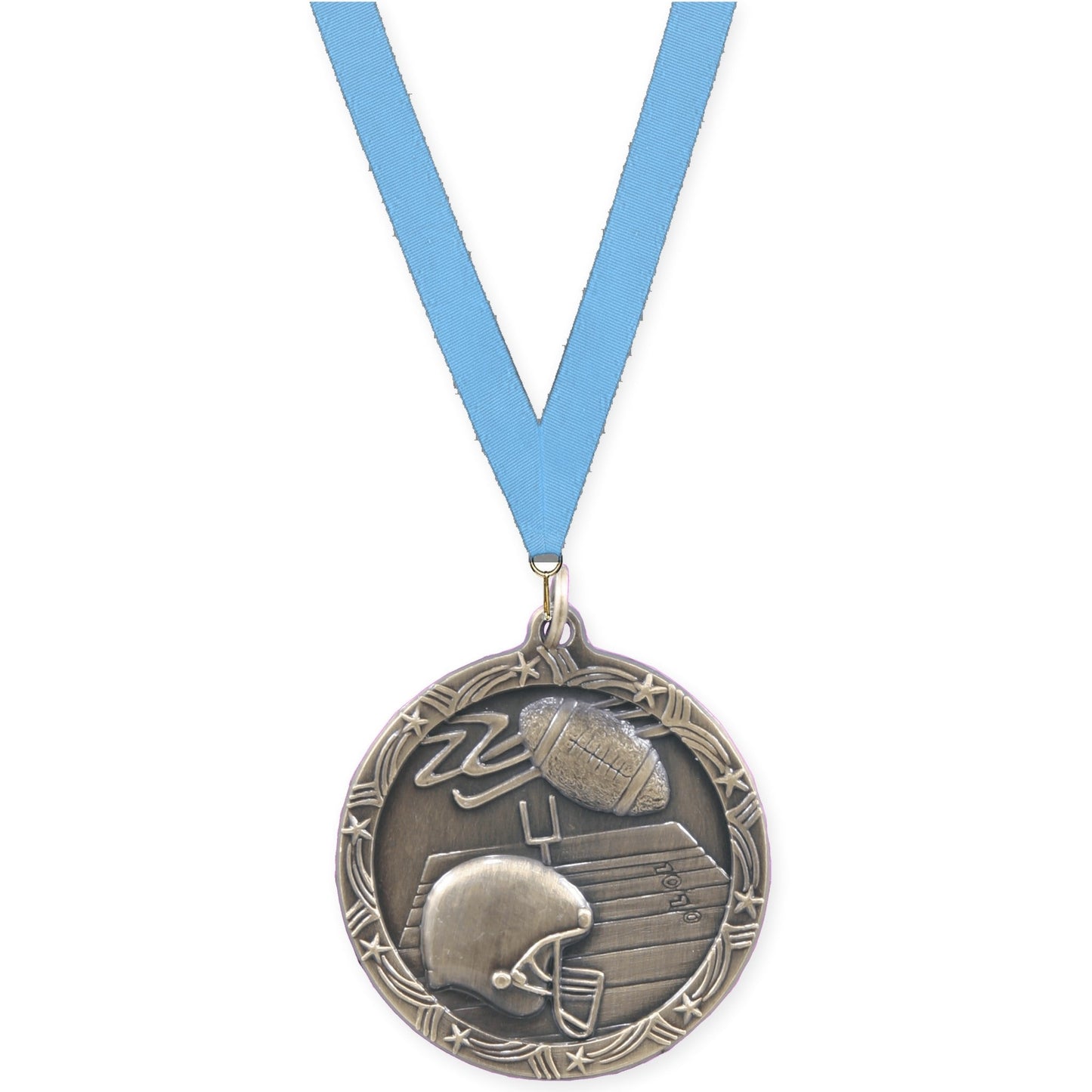 1 3/4 inch football Shooting Star medal in antique gold with Light Blue neck ribbon