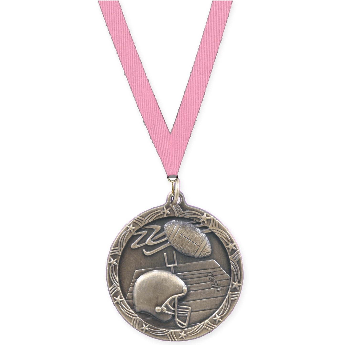 1 3/4 inch football Shooting Star medal in antique gold with Pink neck ribbon