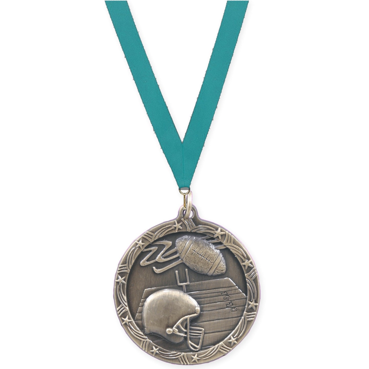 1 3/4 inch football Shooting Star medal in antique gold with Teal neck ribbon