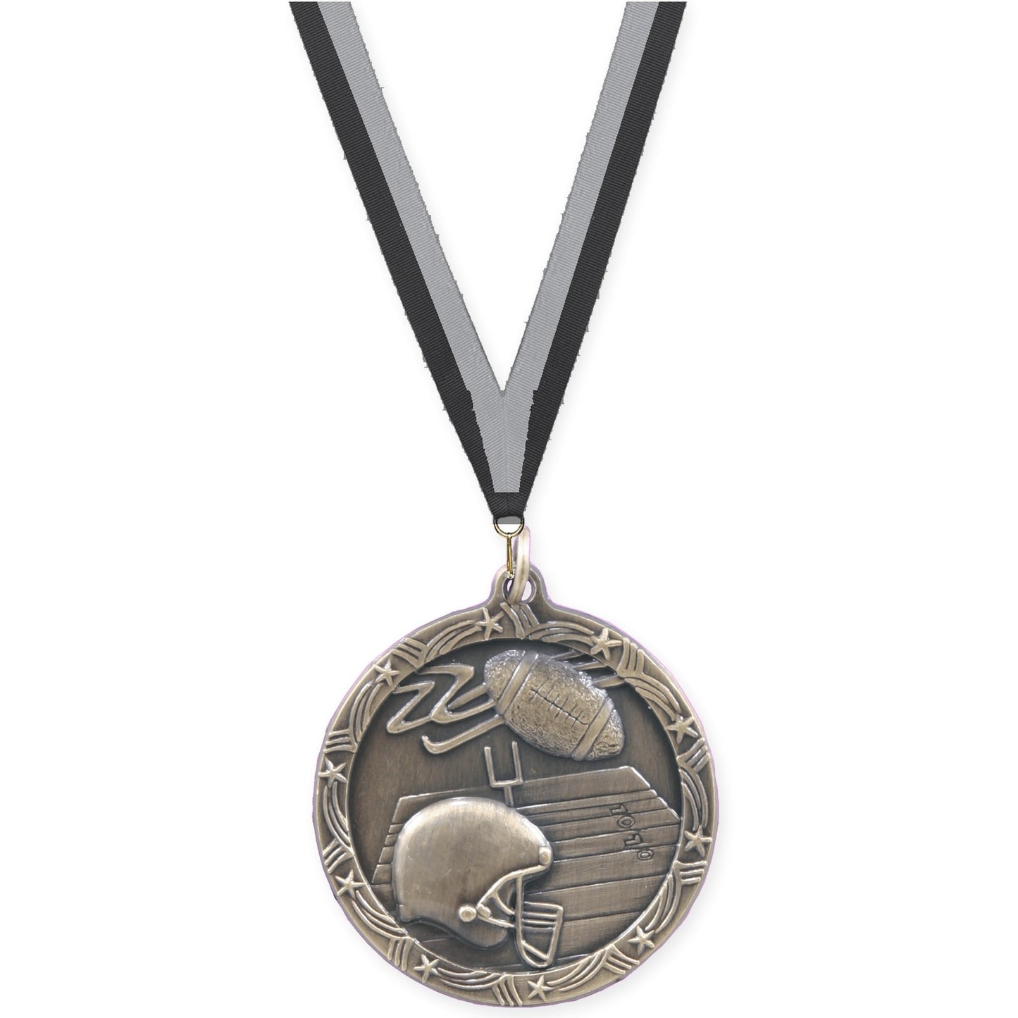 1 3/4 inch football Shooting Star medal in antique gold with Black Gray neck ribbon