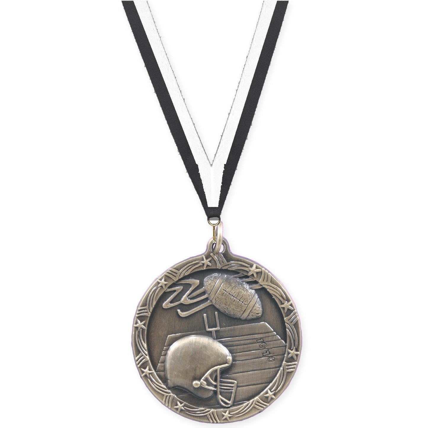 1 3/4 inch football Shooting Star medal in antique gold with Black White neck ribbon