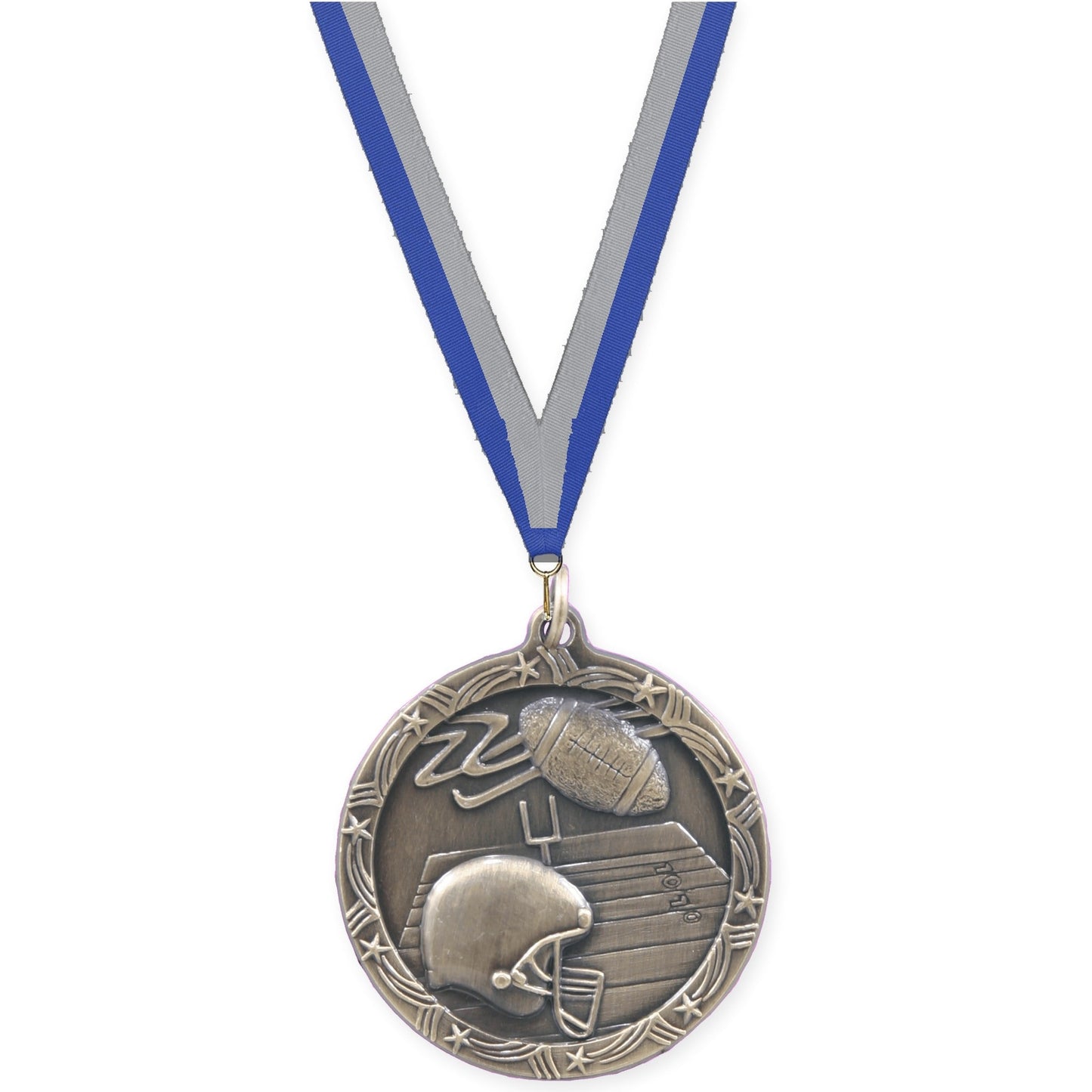 2 1/2 inch football Shooting Star medal in antique gold with Blue Gray neck ribbon