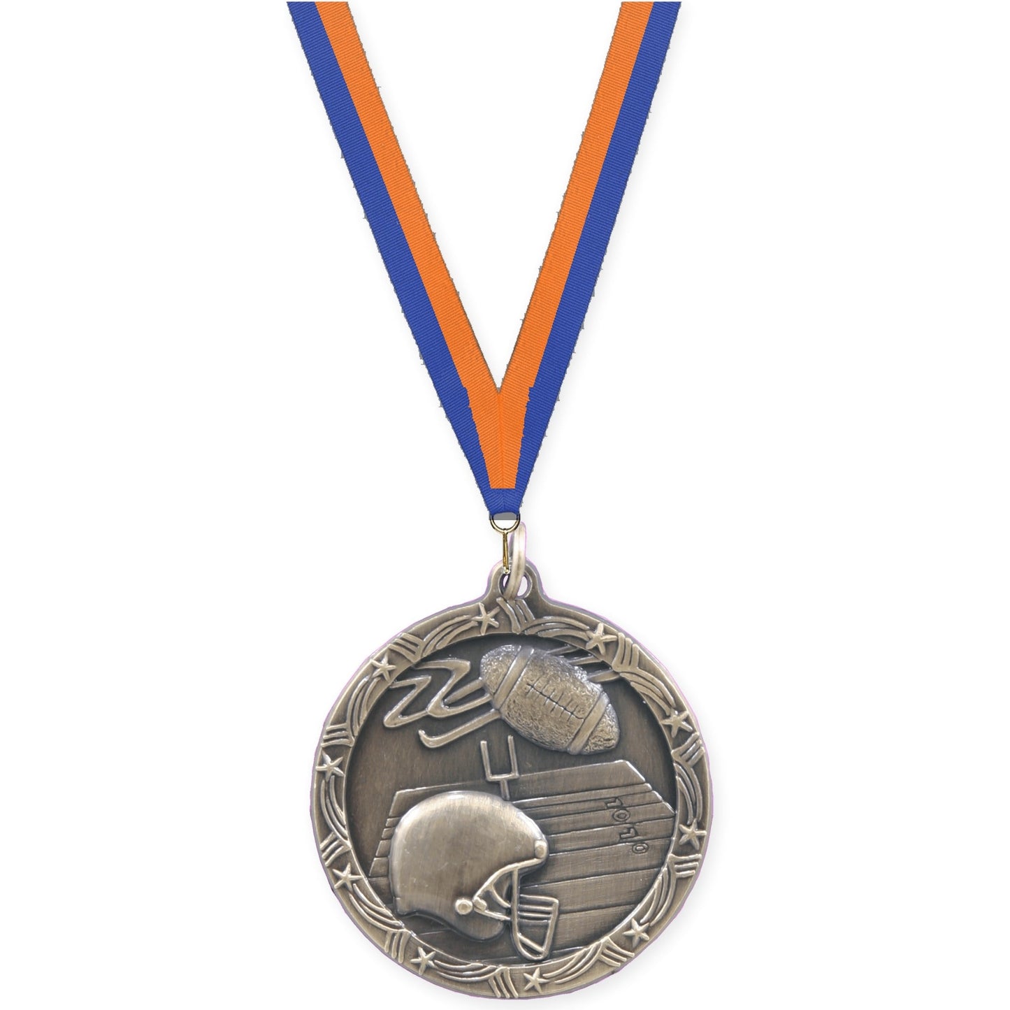 1 3/4 inch football Shooting Star medal in antique gold with Blue Orange neck ribbon