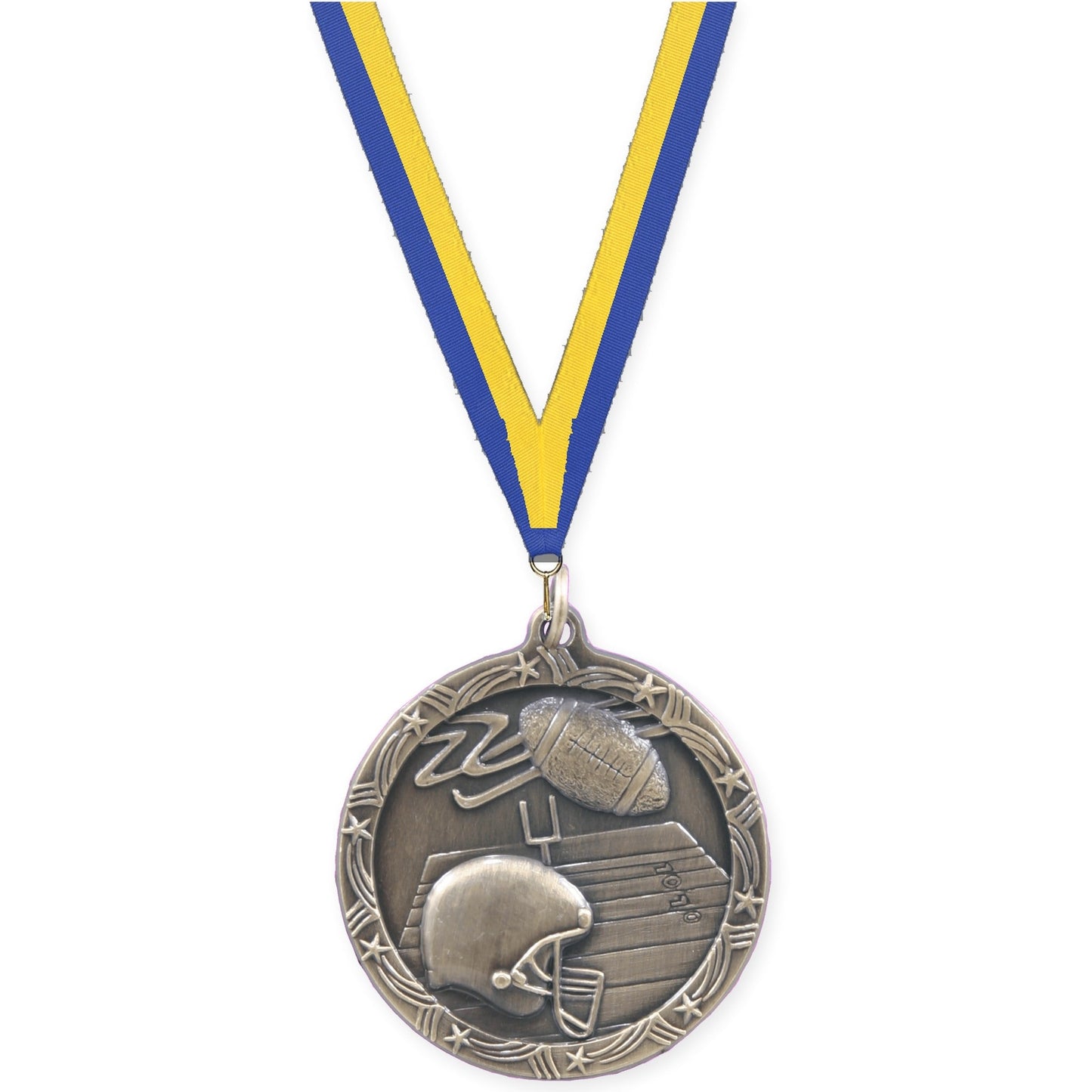 1 3/4 inch football Shooting Star medal in antique gold with Blue Yellow neck ribbon