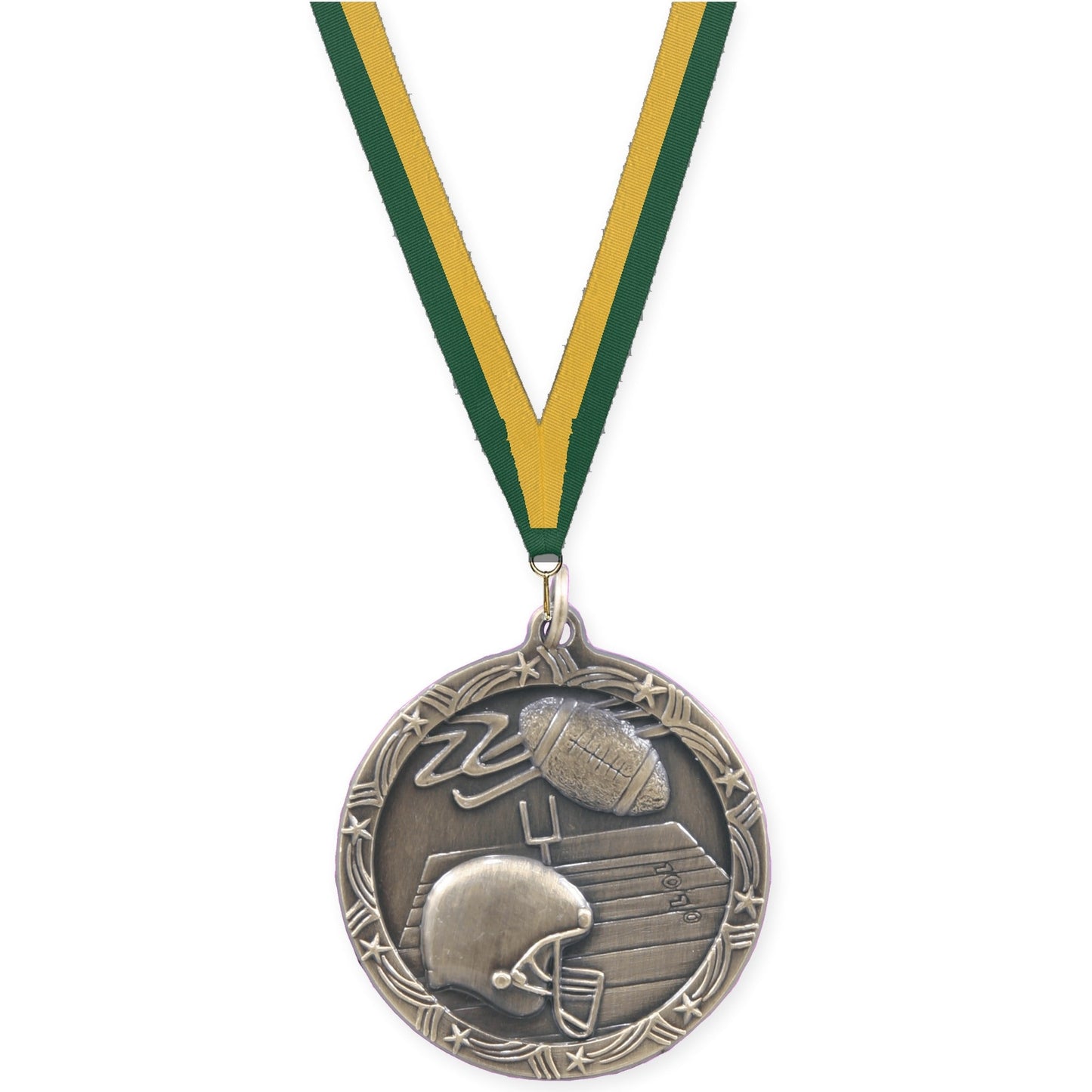 2 1/2 inch football Shooting Star medal in antique gold with Hunter Green Gold neck ribbon