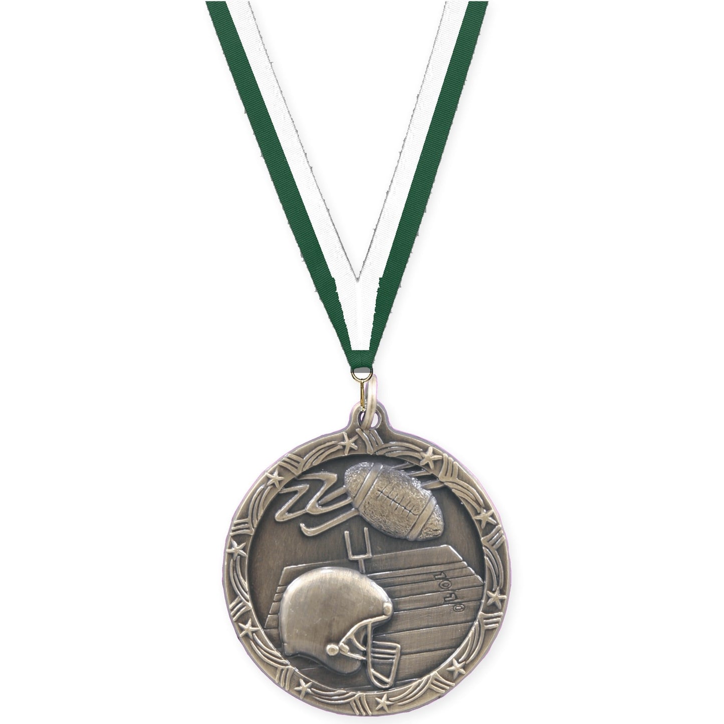 1 3/4 inch football Shooting Star medal in antique gold with Hunter Green White neck ribbon