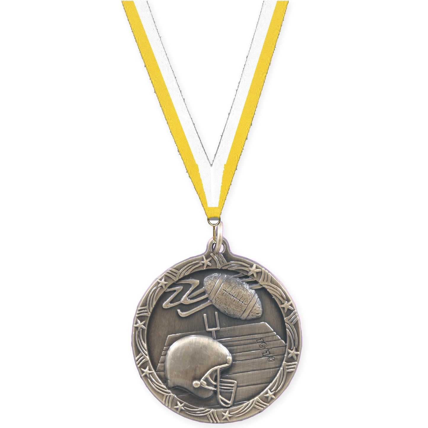1 3/4 inch football Shooting Star medal in antique gold with Yellow White neck ribbon