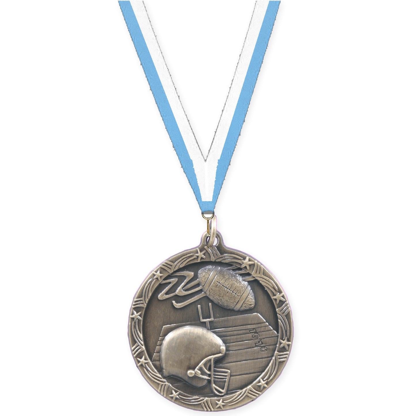1 3/4 inch football Shooting Star medal in antique gold with Light Blue White neck ribbon