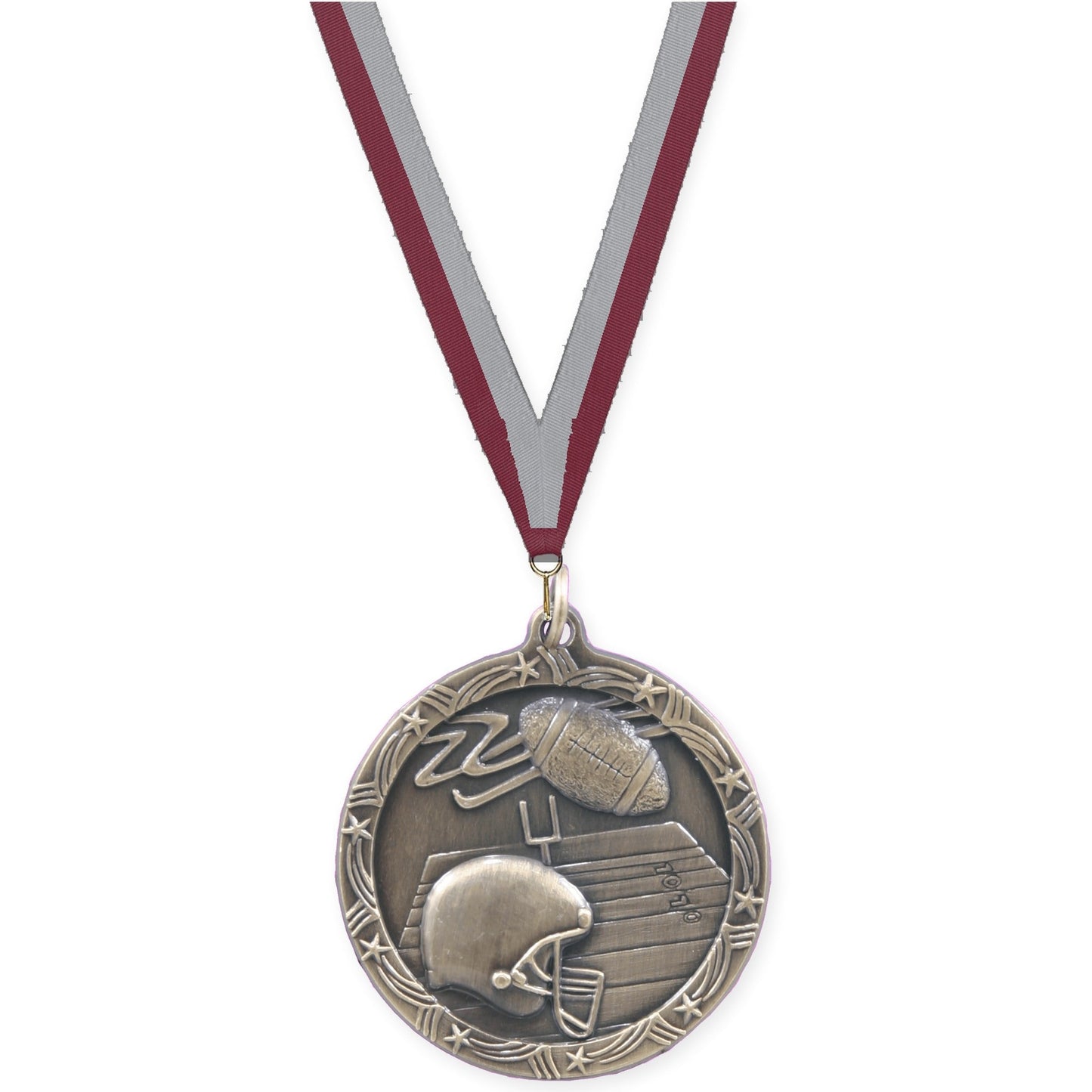 1 3/4 inch football Shooting Star medal in antique gold with Maroon Gray neck ribbon