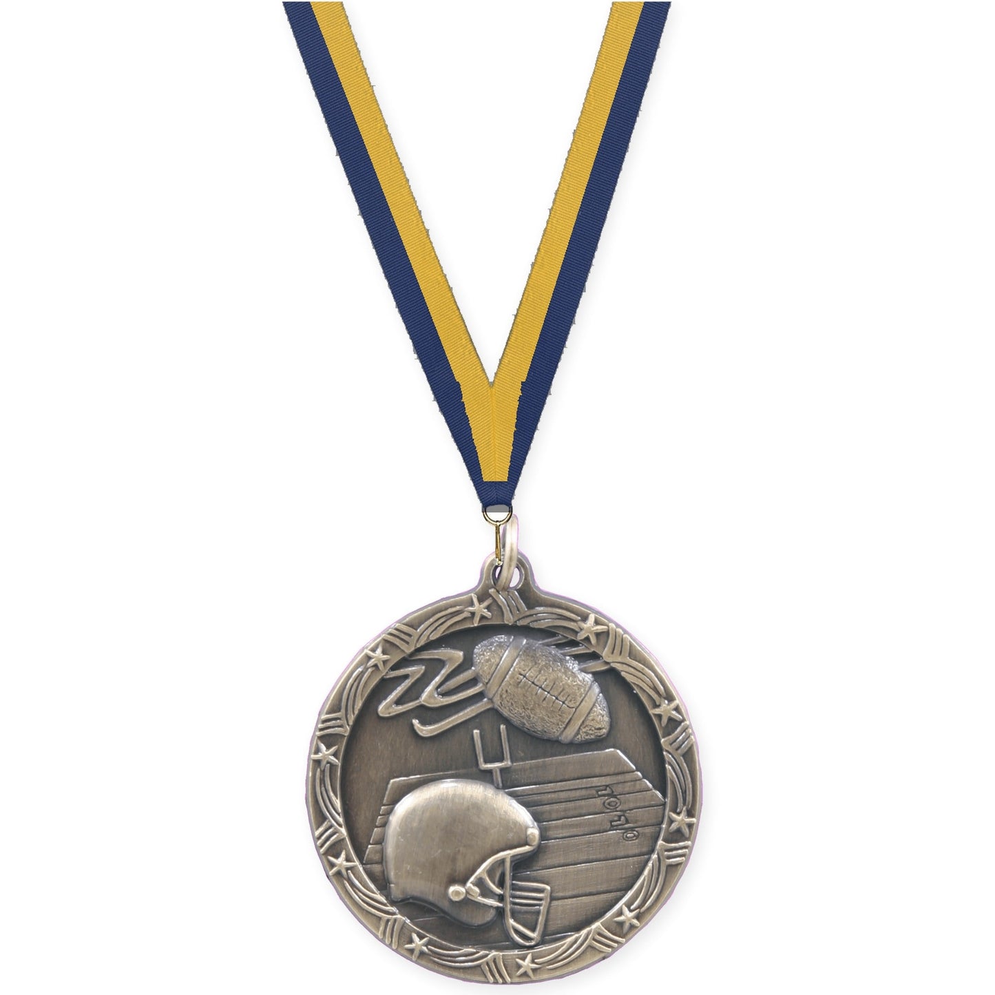 2 1/2 inch football Shooting Star medal in antique gold with Navy Gold neck ribbon