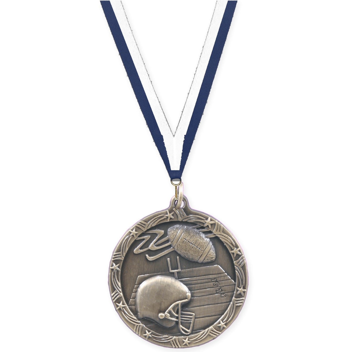 1 3/4 inch football Shooting Star medal in antique gold with Navy White neck ribbon