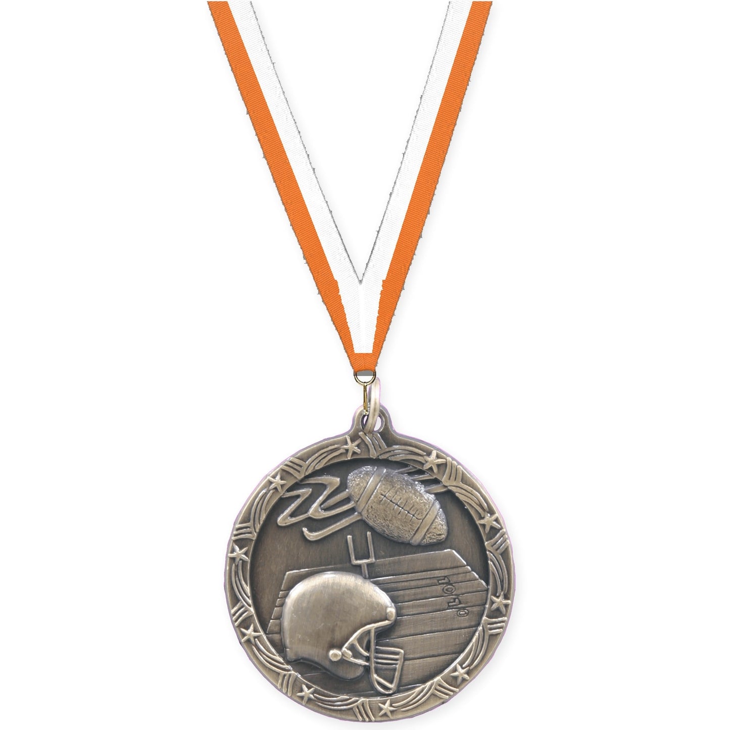 1 3/4 inch football Shooting Star medal in antique gold with Orange White neck ribbon