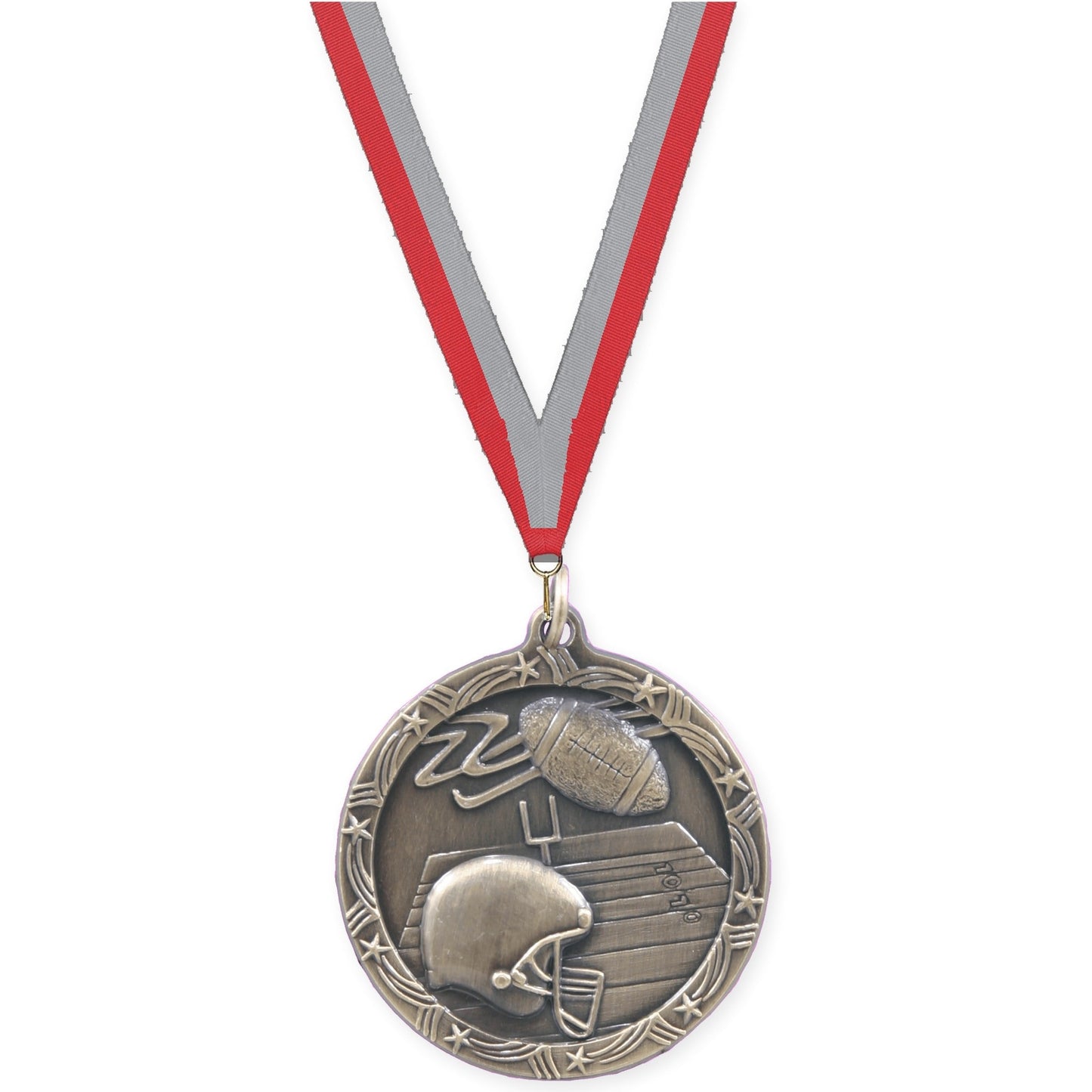 1 3/4 inch football Shooting Star medal in antique gold with Red Gray neck ribbon