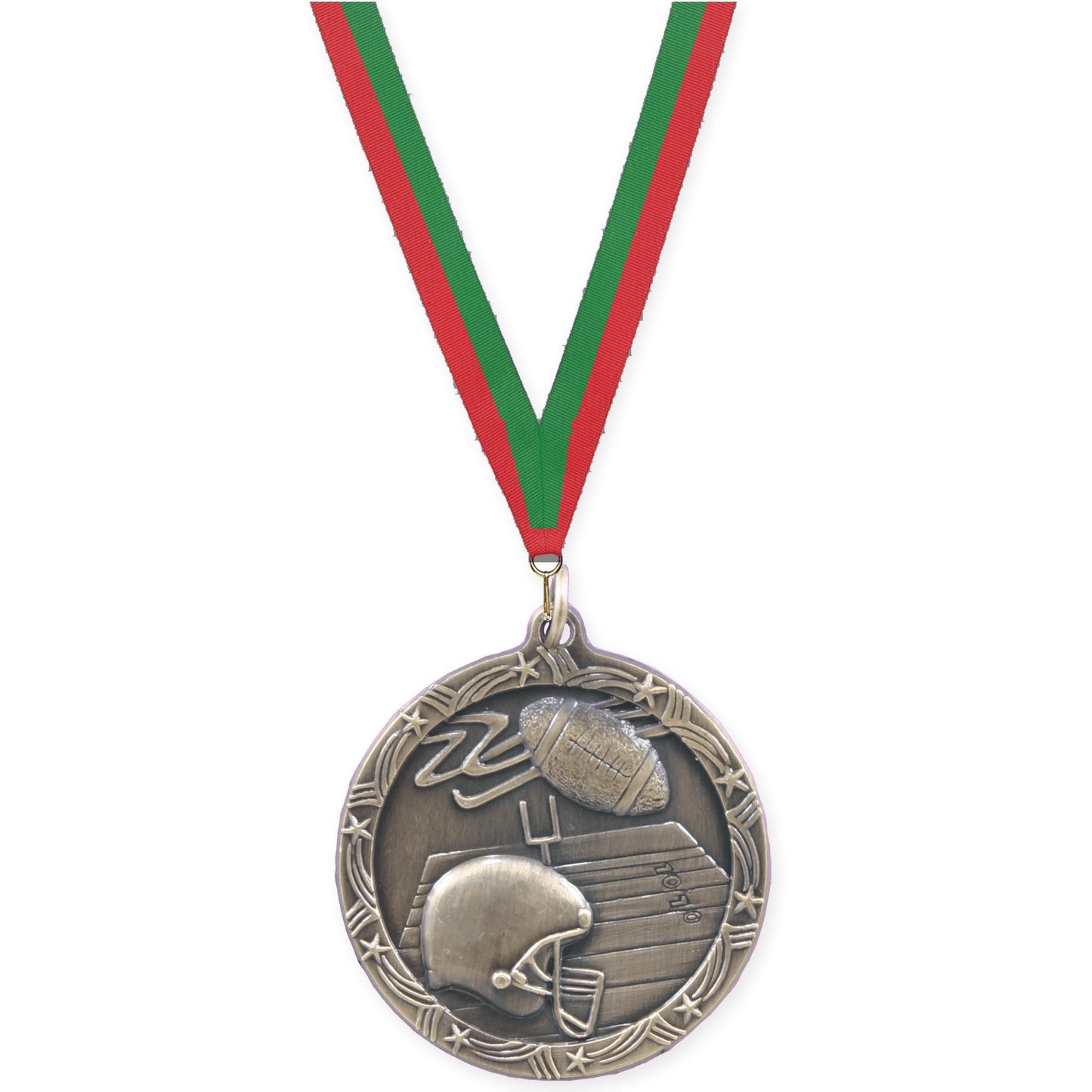 1 3/4 inch football Shooting Star medal in antique gold with Red Green neck ribbon