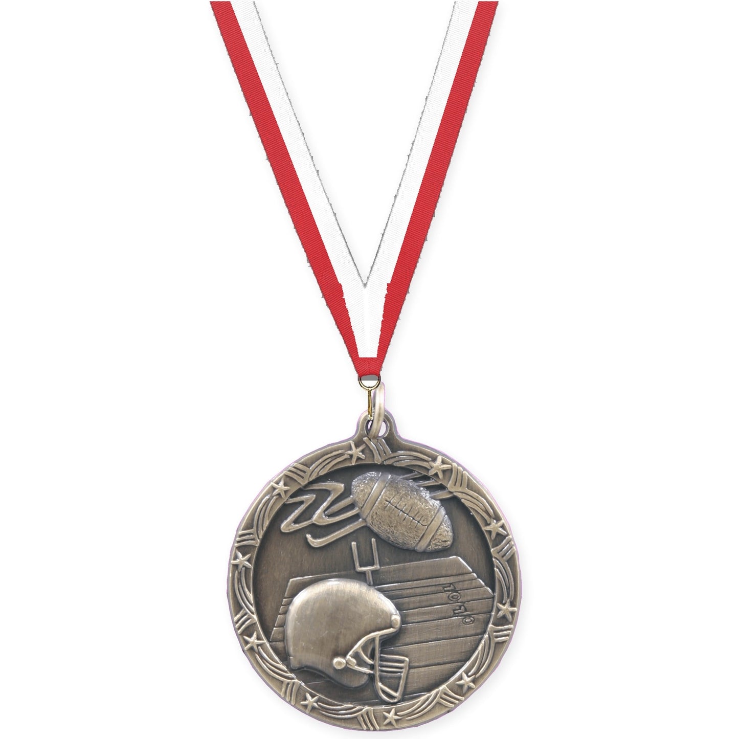 1 3/4 inch football Shooting Star medal in antique gold with Red White neck ribbon