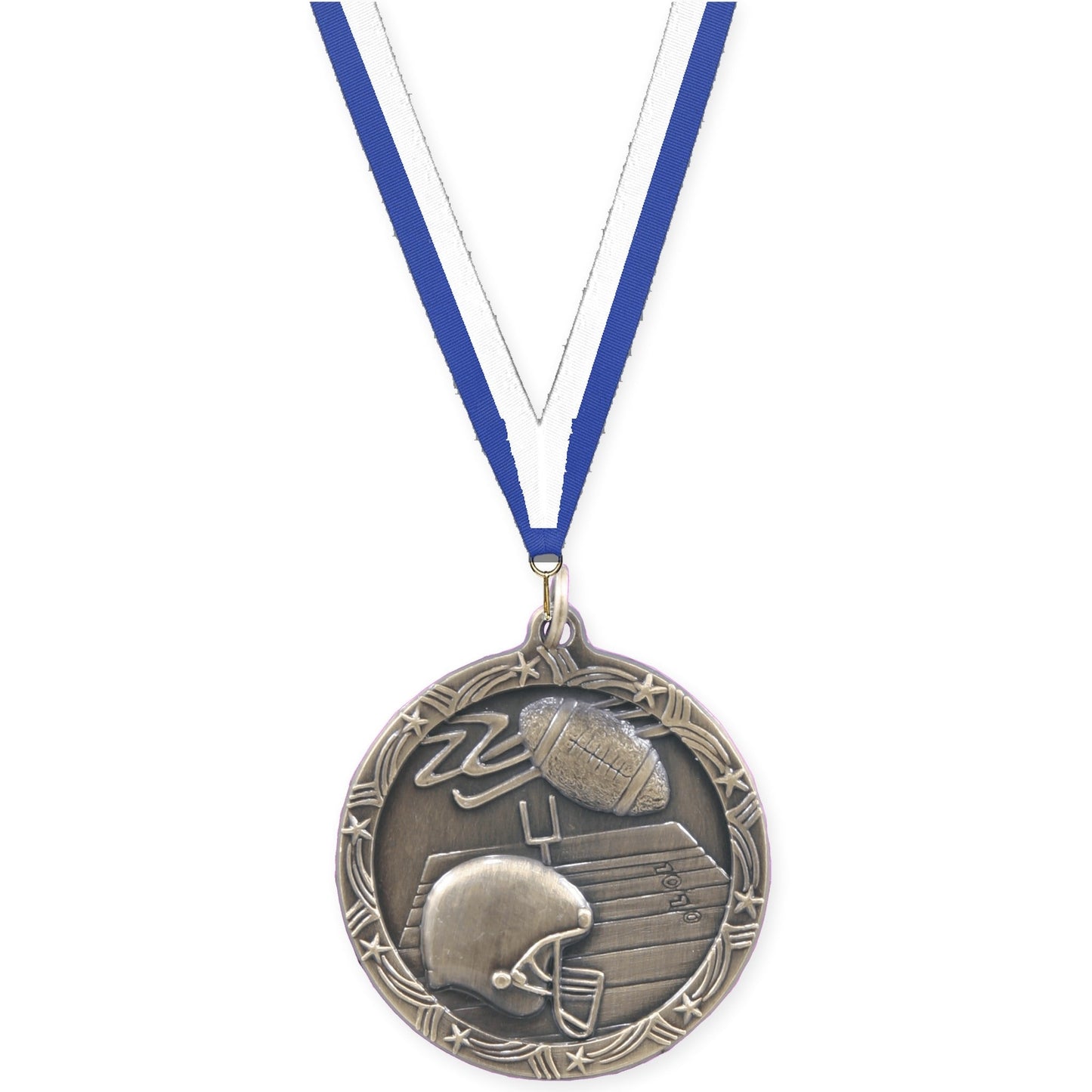 1 3/4 inch football Shooting Star medal in antique gold with Blue White neck ribbon