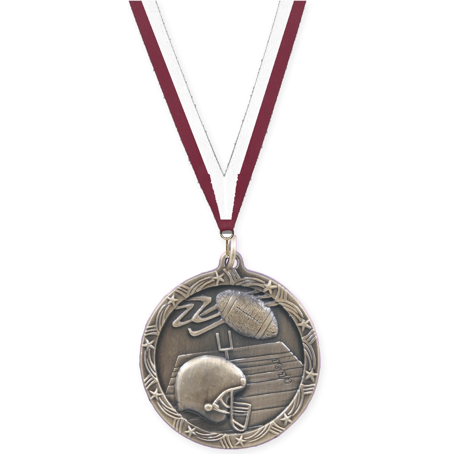 1 3/4 inch football Shooting Star medal in antique gold with Maroon White neck ribbon