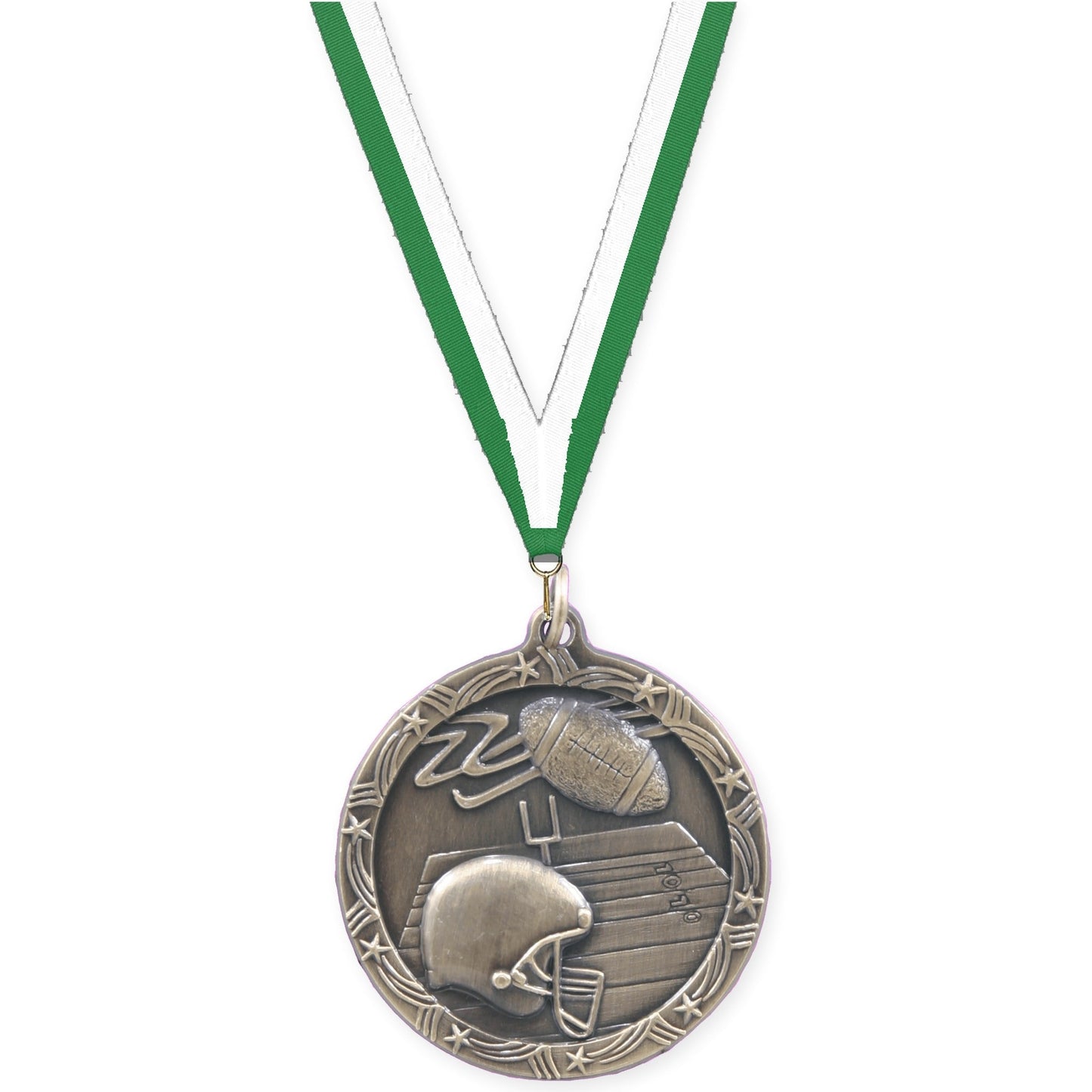 1 3/4 inch football Shooting Star medal in antique gold with Green White neck ribbon