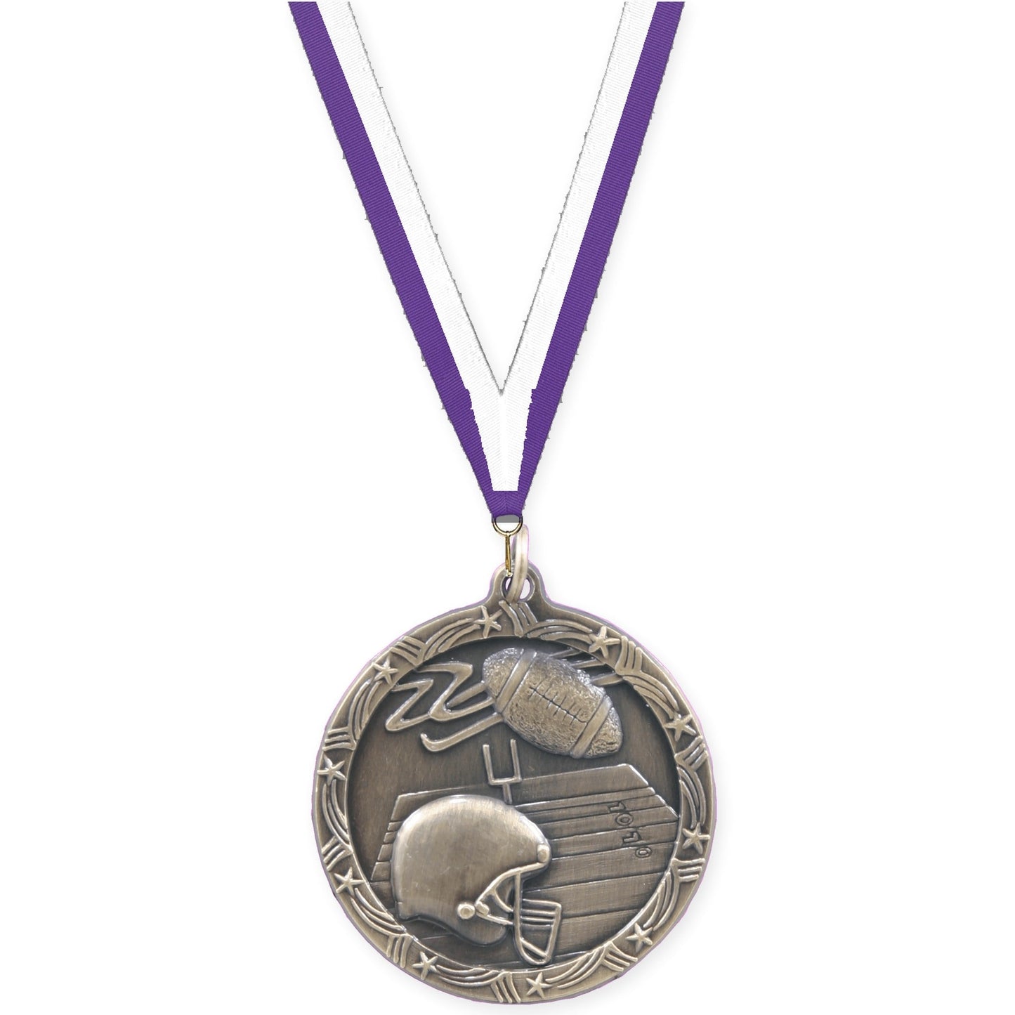 2 1/2 inch football Shooting Star medal in antique gold with Purple White neck ribbon