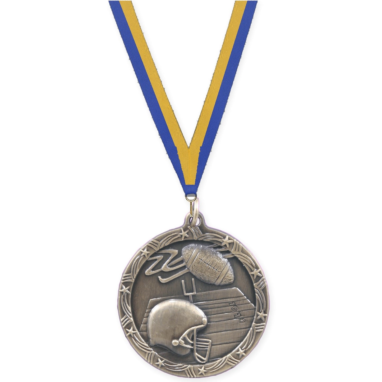2 1/2 inch football Shooting Star medal in antique gold with Blue Gold neck ribbon
