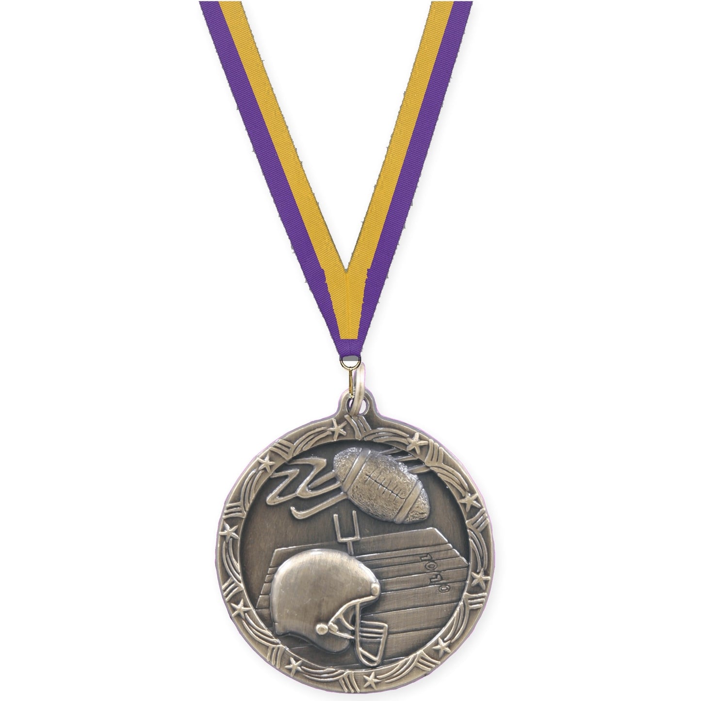 1 3/4 inch football Shooting Star medal in antique gold with Purple Gold neck ribbon