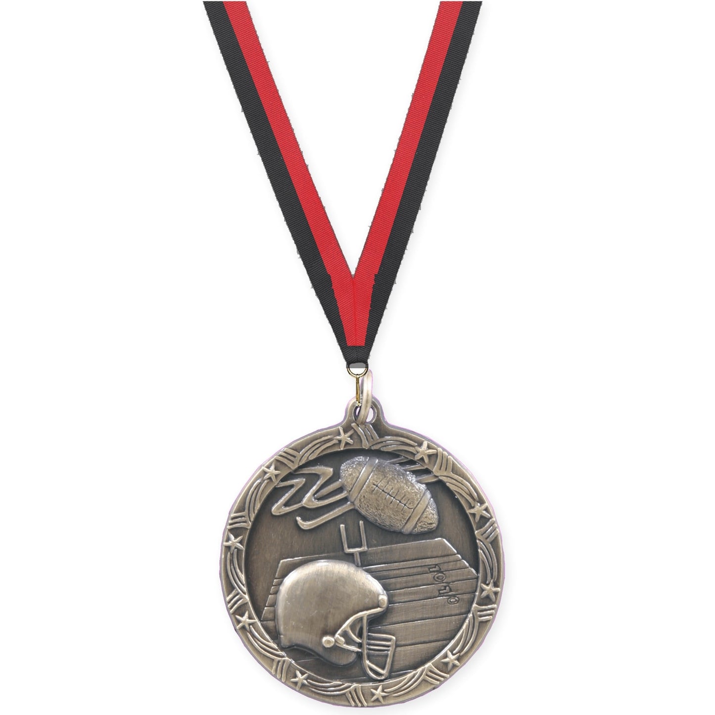 1 3/4 inch football Shooting Star medal in antique gold with Black Red neck ribbon