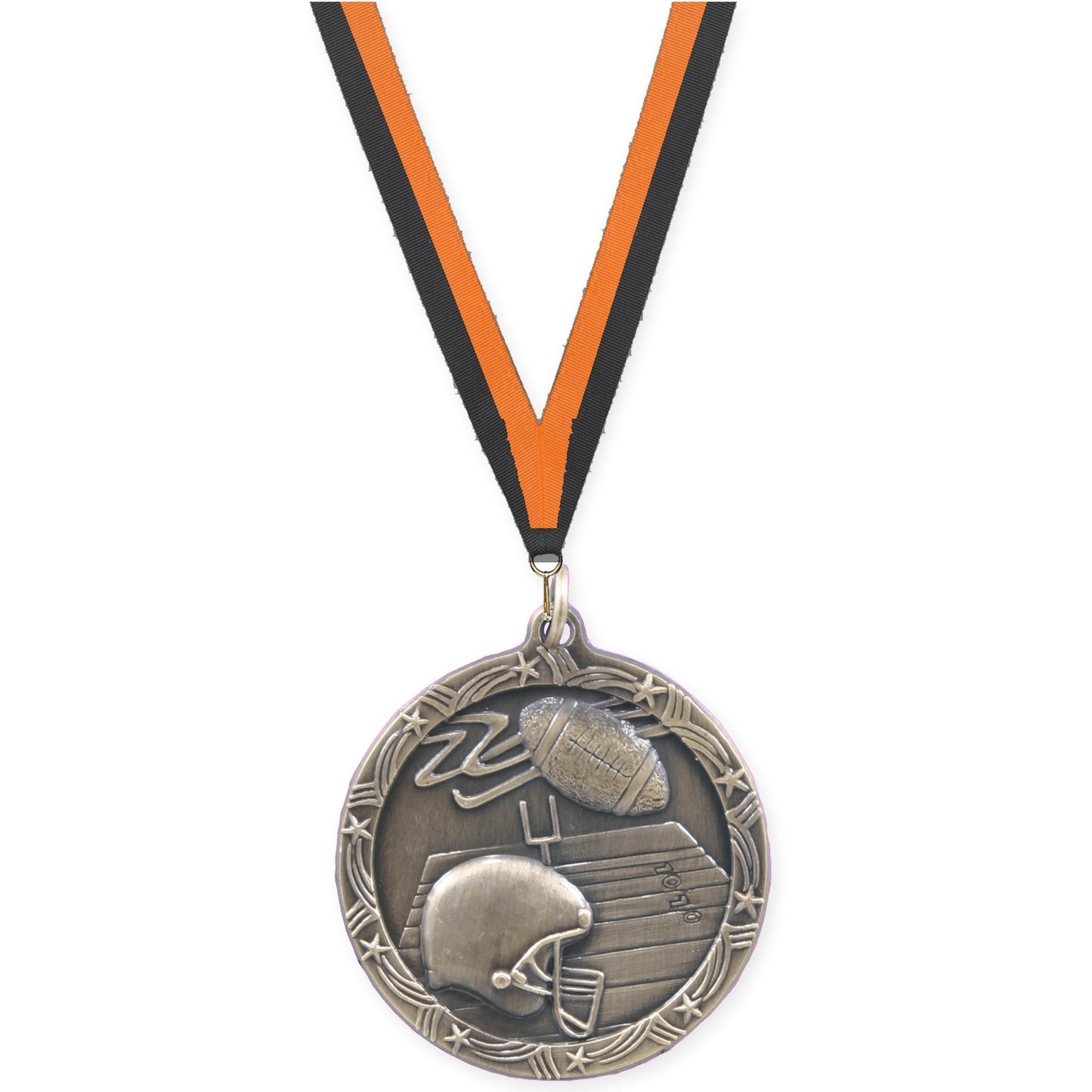 1 3/4 inch football Shooting Star medal in antique gold with Black Orange neck ribbon
