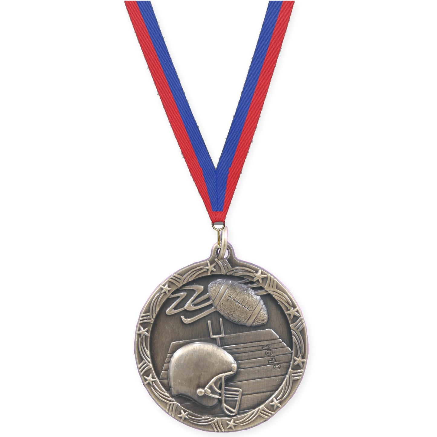 2 1/2 inch football Shooting Star medal in antique gold with Blue Red neck ribbon