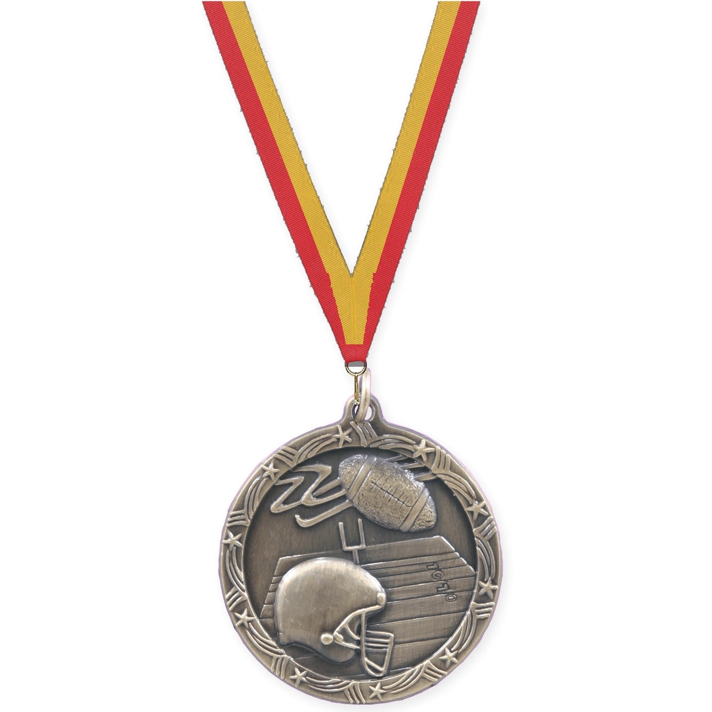 1 3/4 inch football Shooting Star medal in antique gold with Red Gold neck ribbon