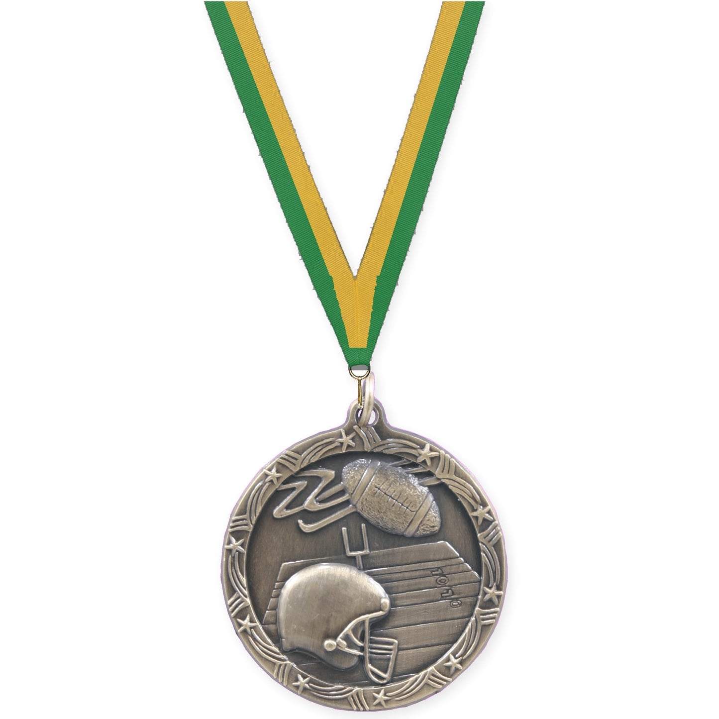 1 3/4 inch football Shooting Star medal in antique gold with Green Gold neck ribbon