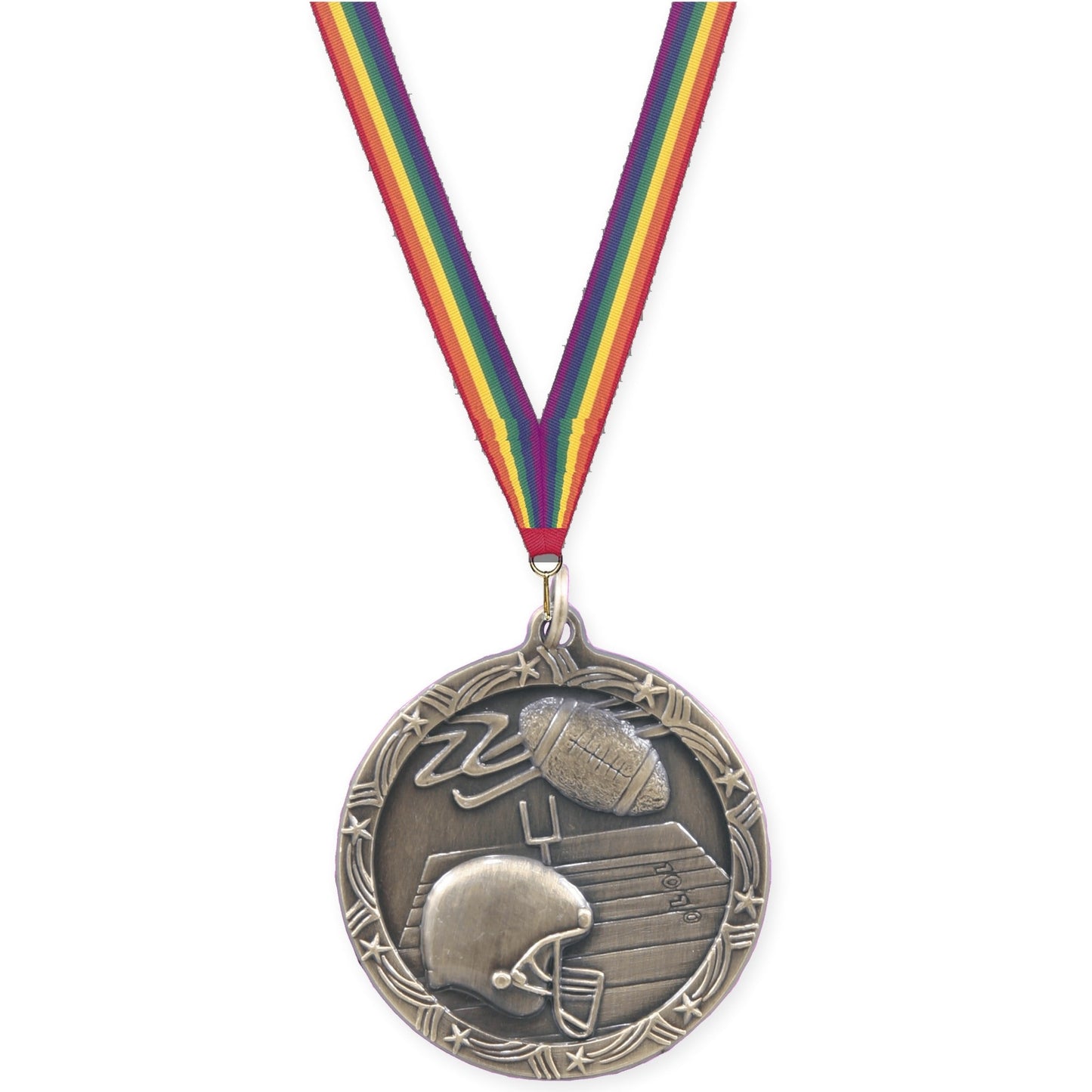 1 3/4 inch football Shooting Star medal in antique gold with Rainbow neck ribbon