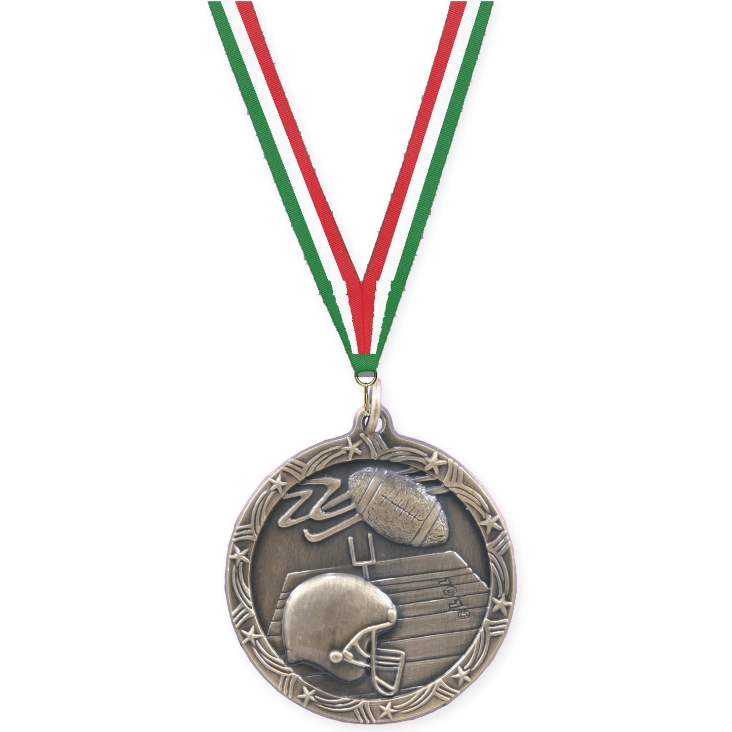 1 3/4 inch football Shooting Star medal in antique gold with Green White Red neck ribbon