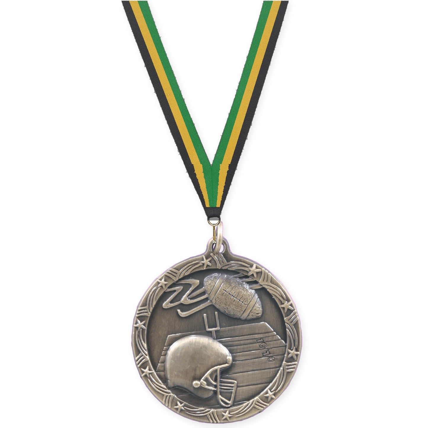 1 3/4 inch football Shooting Star medal in antique gold with Black Gold Green neck ribbon