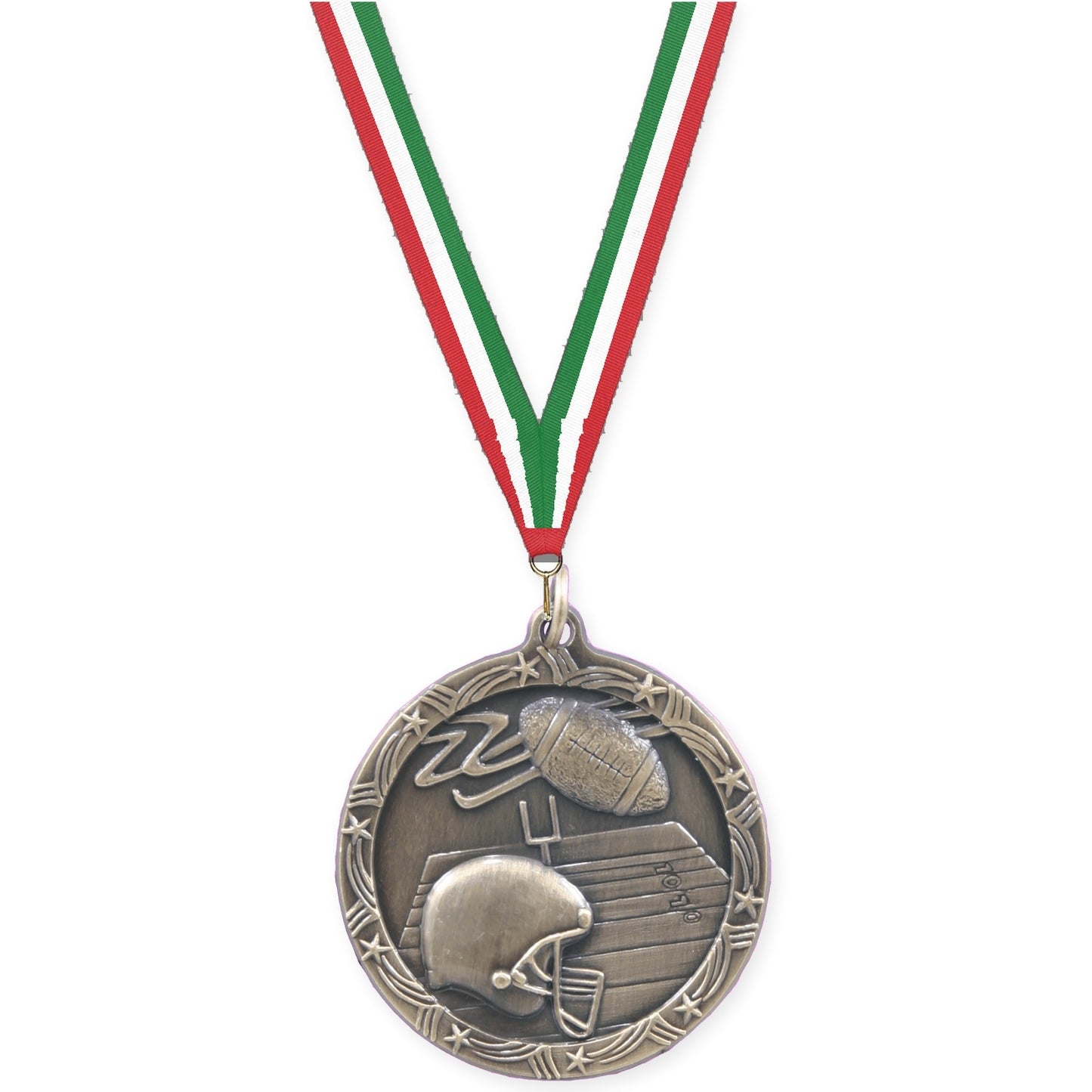 2 1/2 inch football Shooting Star medal in antique gold with Red White Green neck ribbon