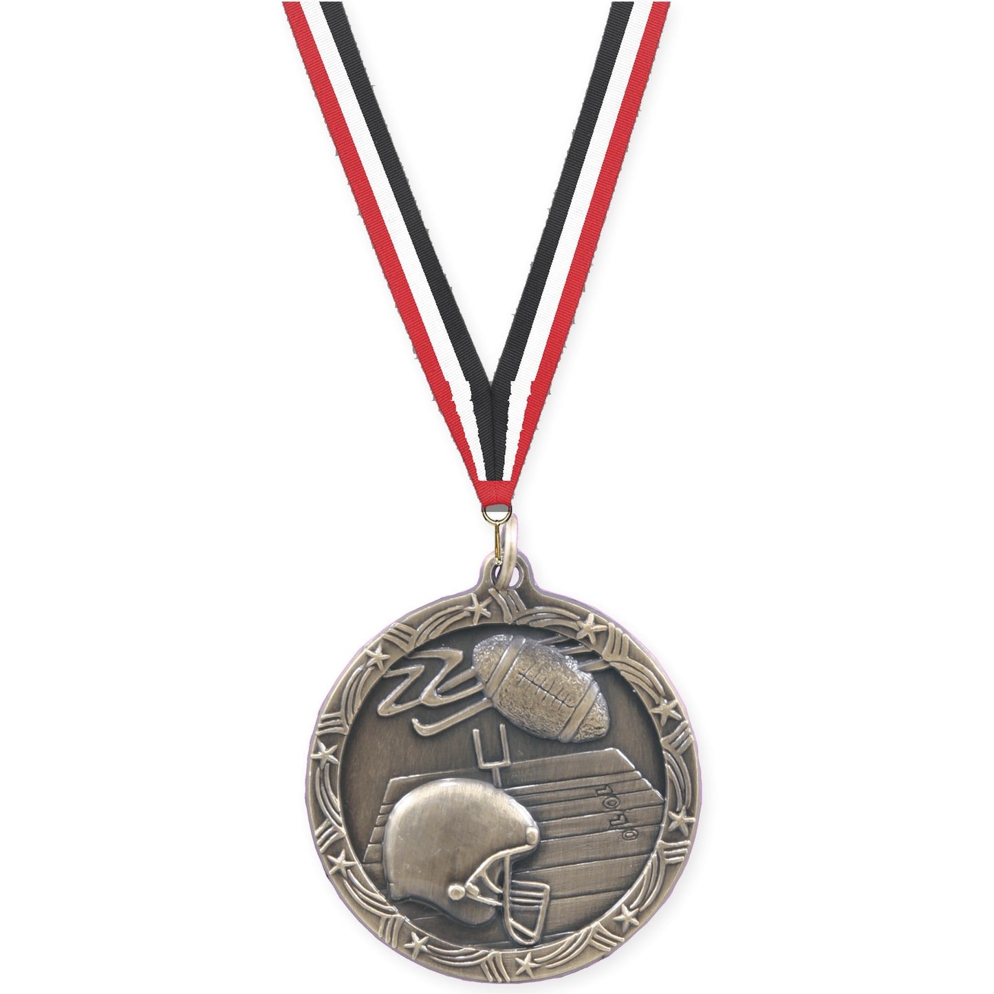 1 3/4 inch football Shooting Star medal in antique gold with Red White Black neck ribbon