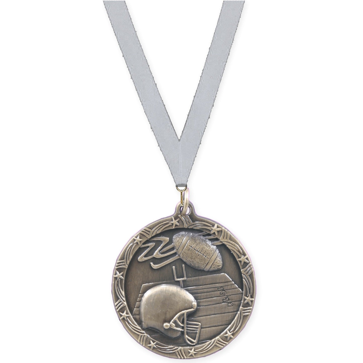 1 3/4 inch football Shooting Star medal in antique gold with Silver Metallic neck ribbon