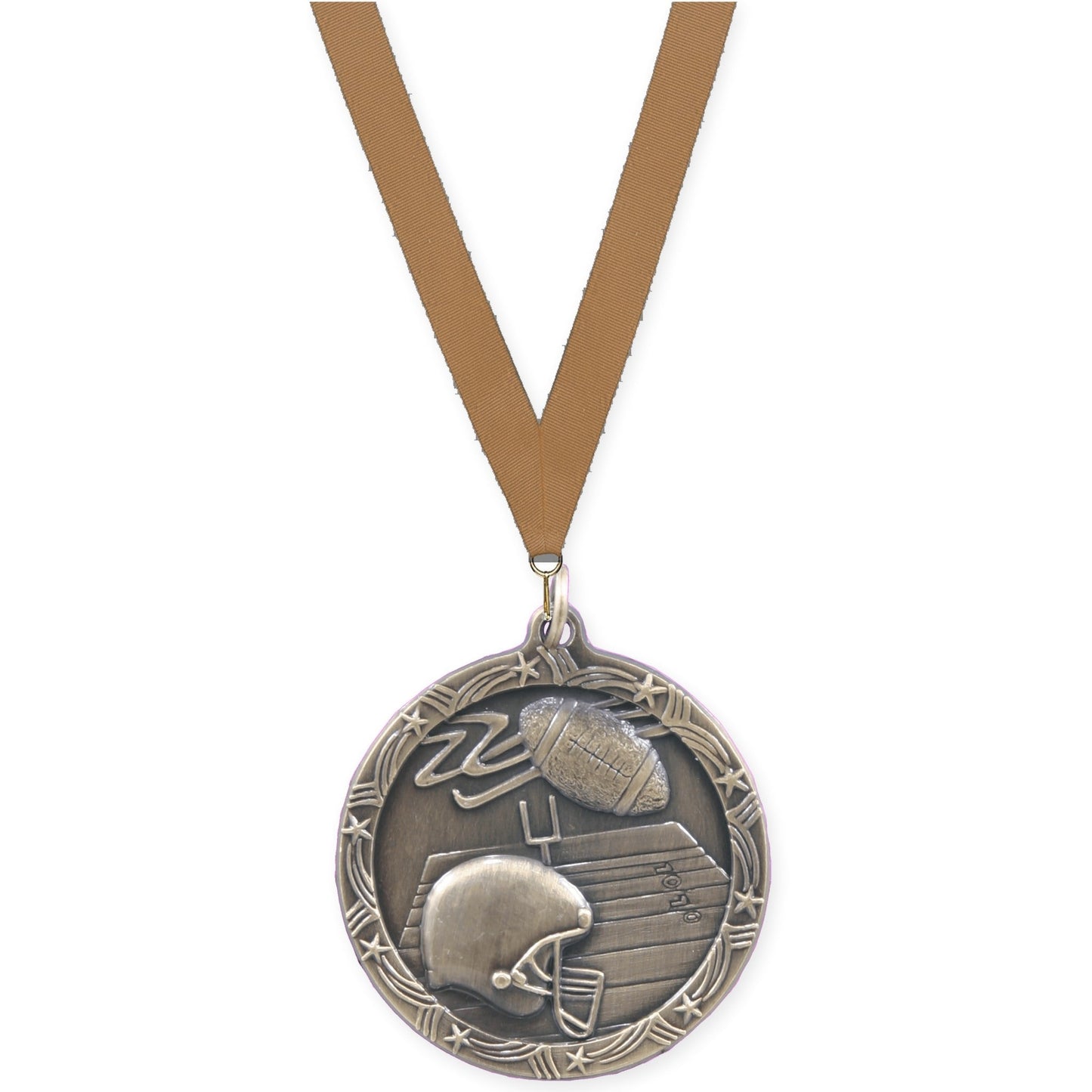 1 3/4 inch football Shooting Star medal in antique gold with Bronze Metallic neck ribbon