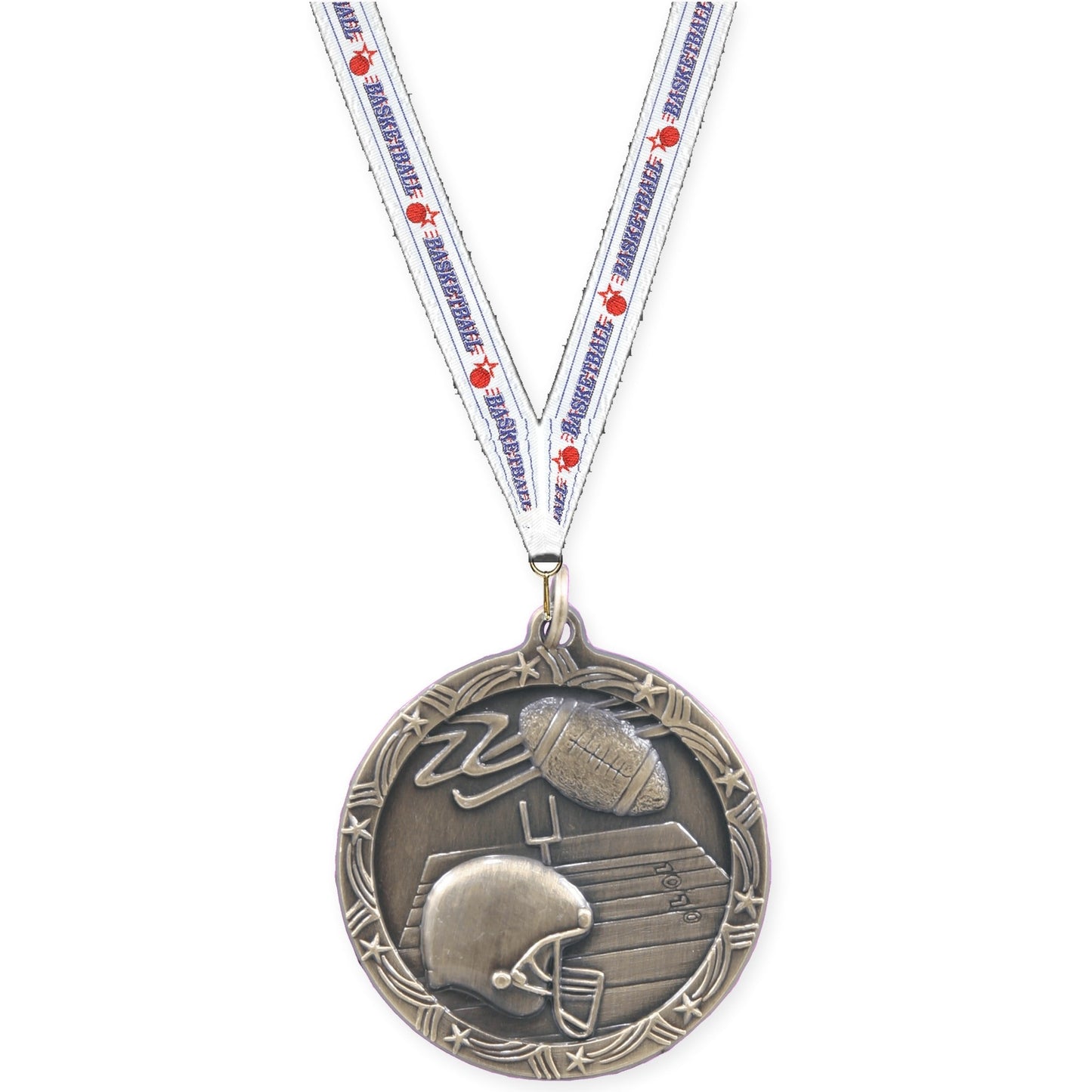 1 3/4 inch football Shooting Star medal in antique gold with Basketball neck ribbon