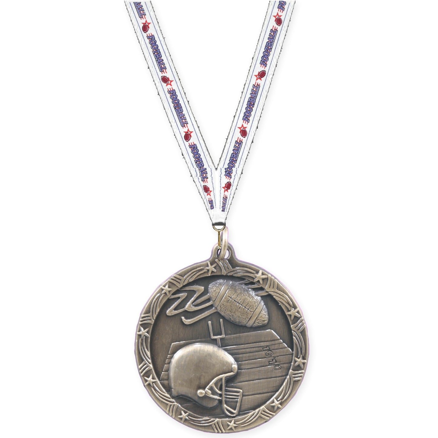 1 3/4 inch football Shooting Star medal in antique gold with Football neck ribbon